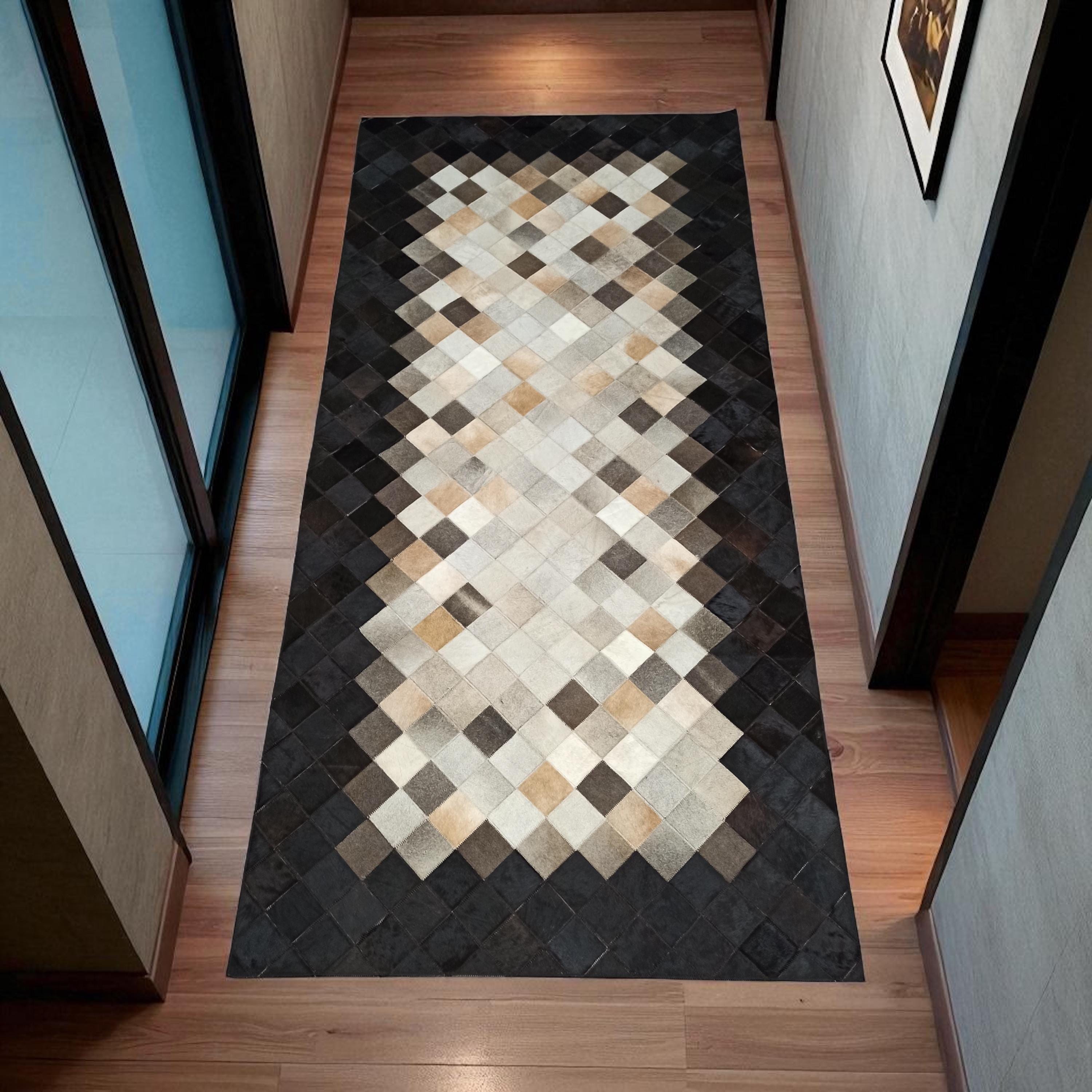Black Border Cowhide Rug, Diamond Pattern Patchwork Leather Carpet, Natural Cowhide Area Rug, Handmade Rectangular Cowhide Runner