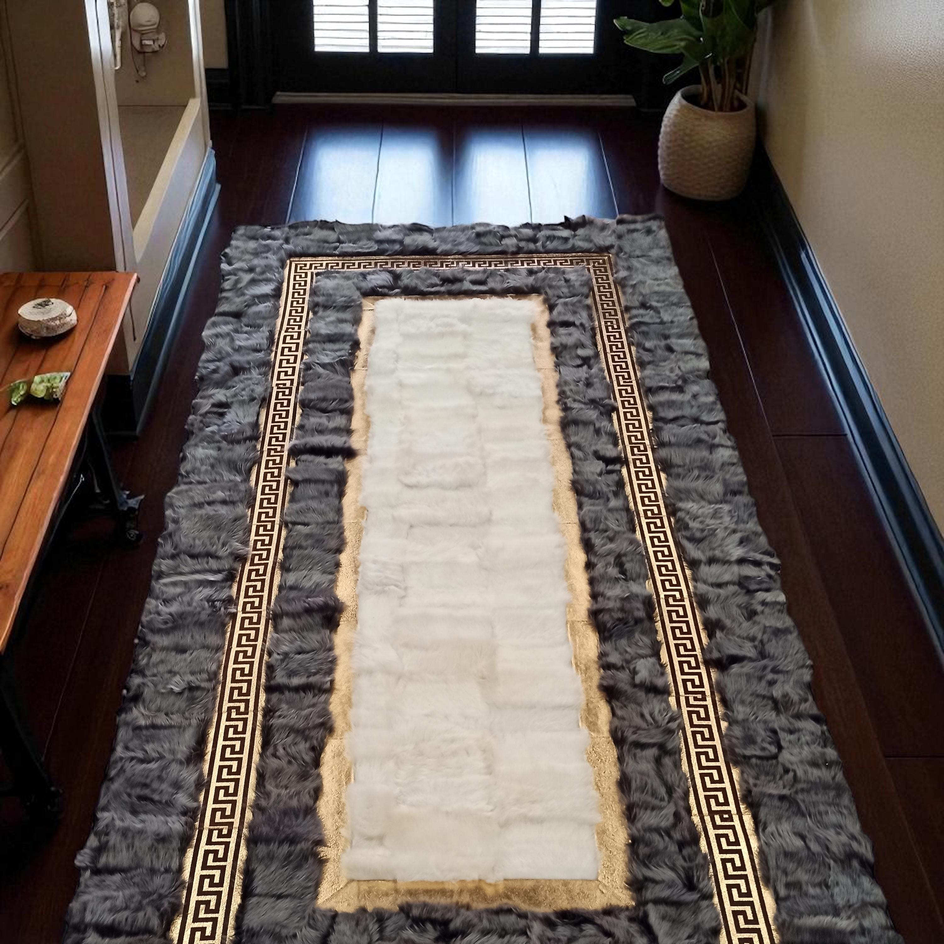 Gray Gold Tuscan Runner Rug, Long Handmade Fur Carpet with Greek Key Border, Custom Size Luxury Entryway Rug, Soft Natural Fur Runner