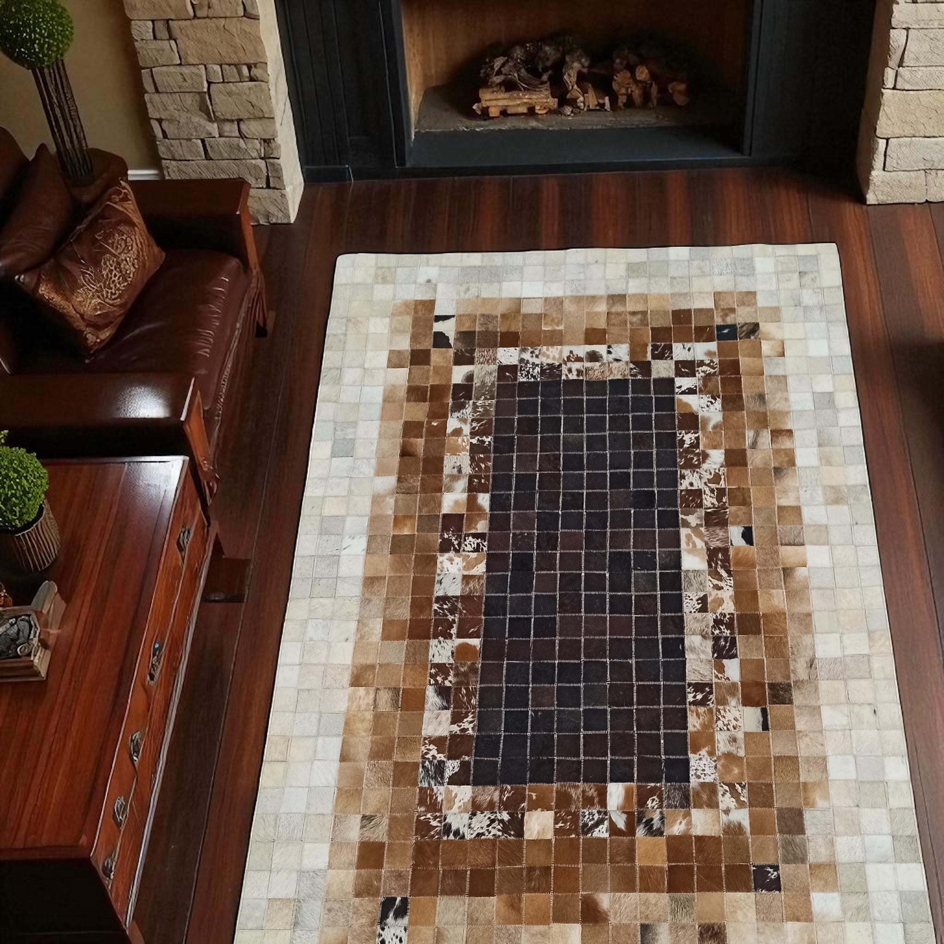 Brown and Beige Patchwork Cowhide Rug