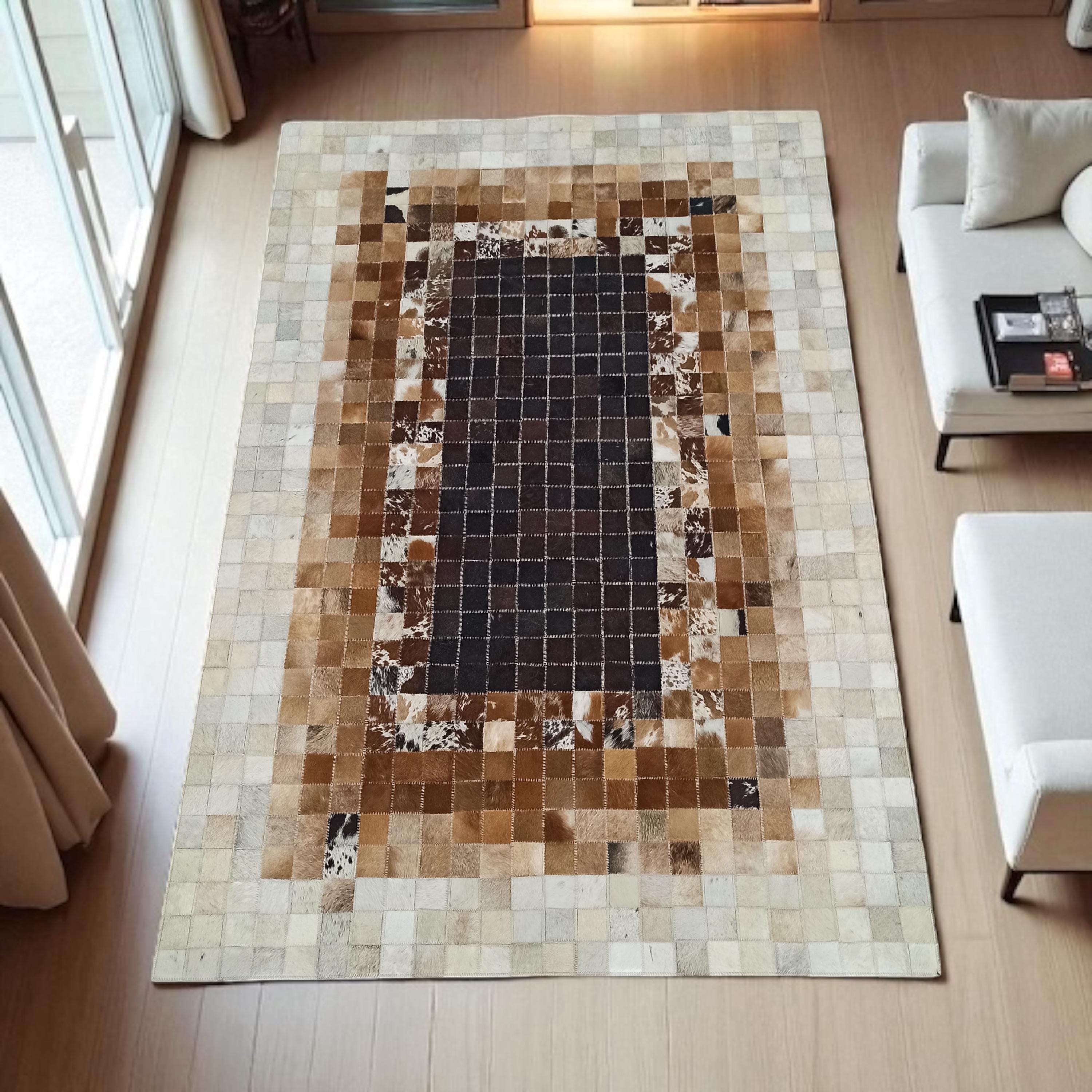 Brown and Beige Cowhide Patchwork Rug, Handmade Natural Leather Carpet