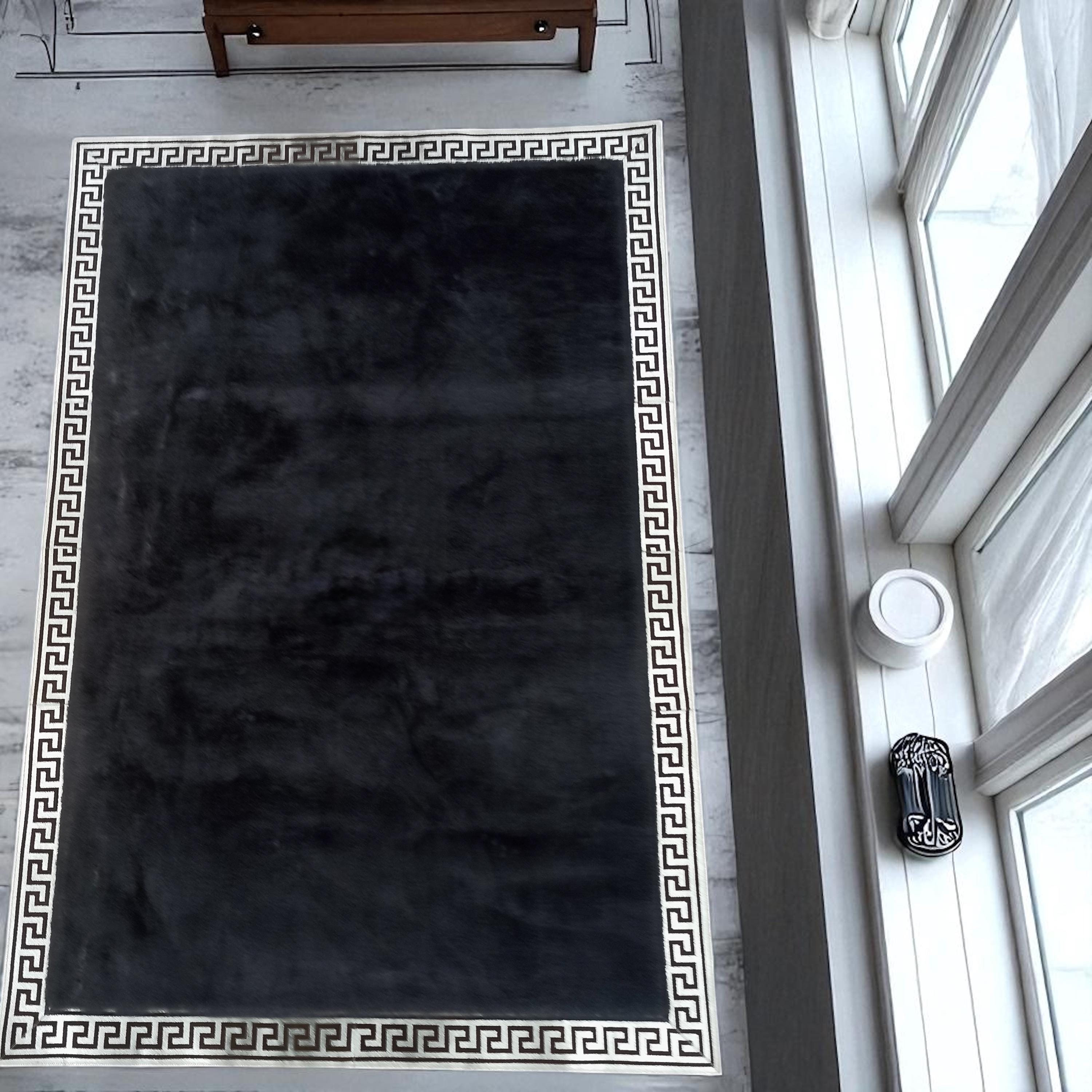 Black Greek Key Border Plush Rug