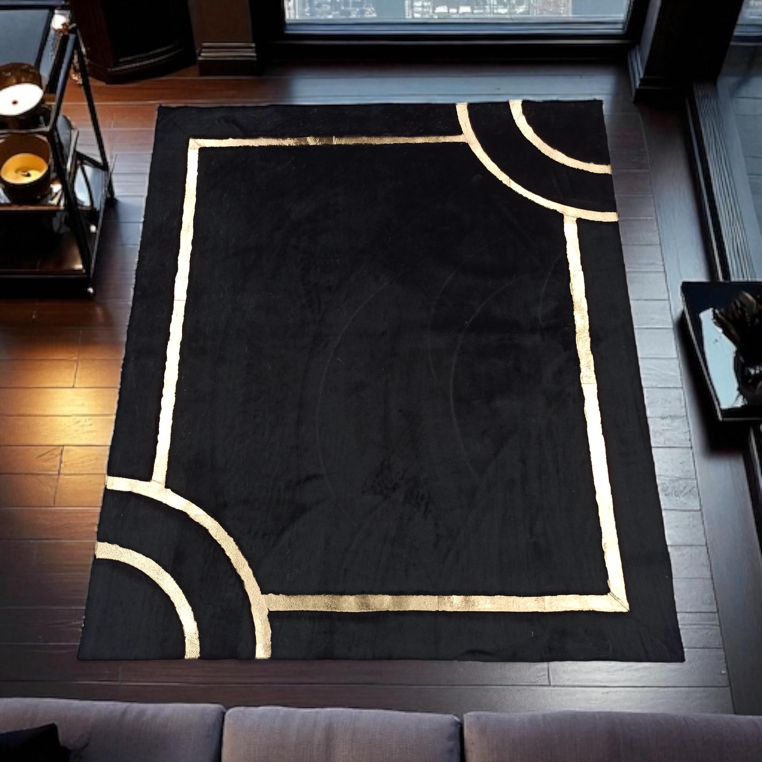 Black Geometric Gold Border Plush Rug