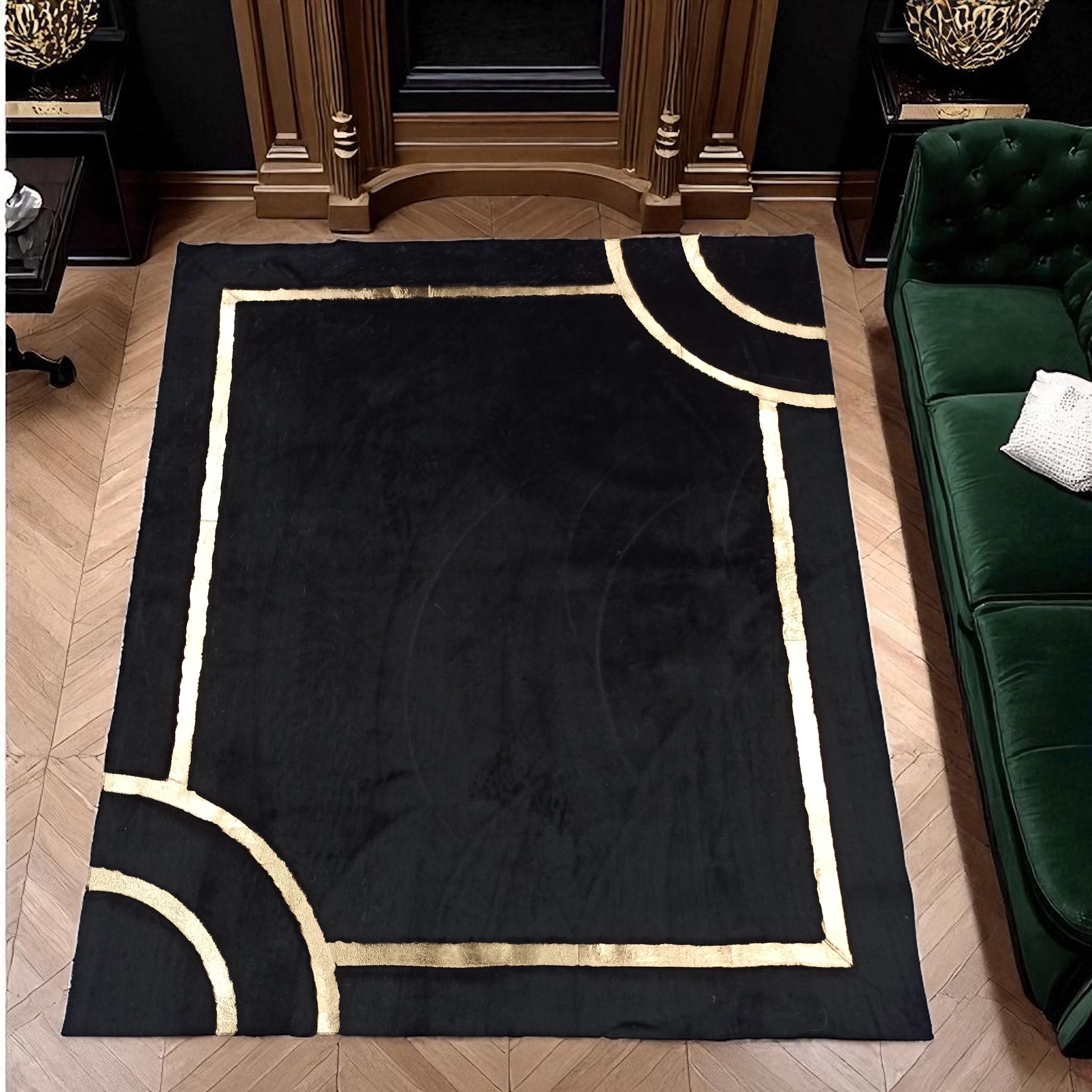 Black Geometric Gold Border Plush Rug