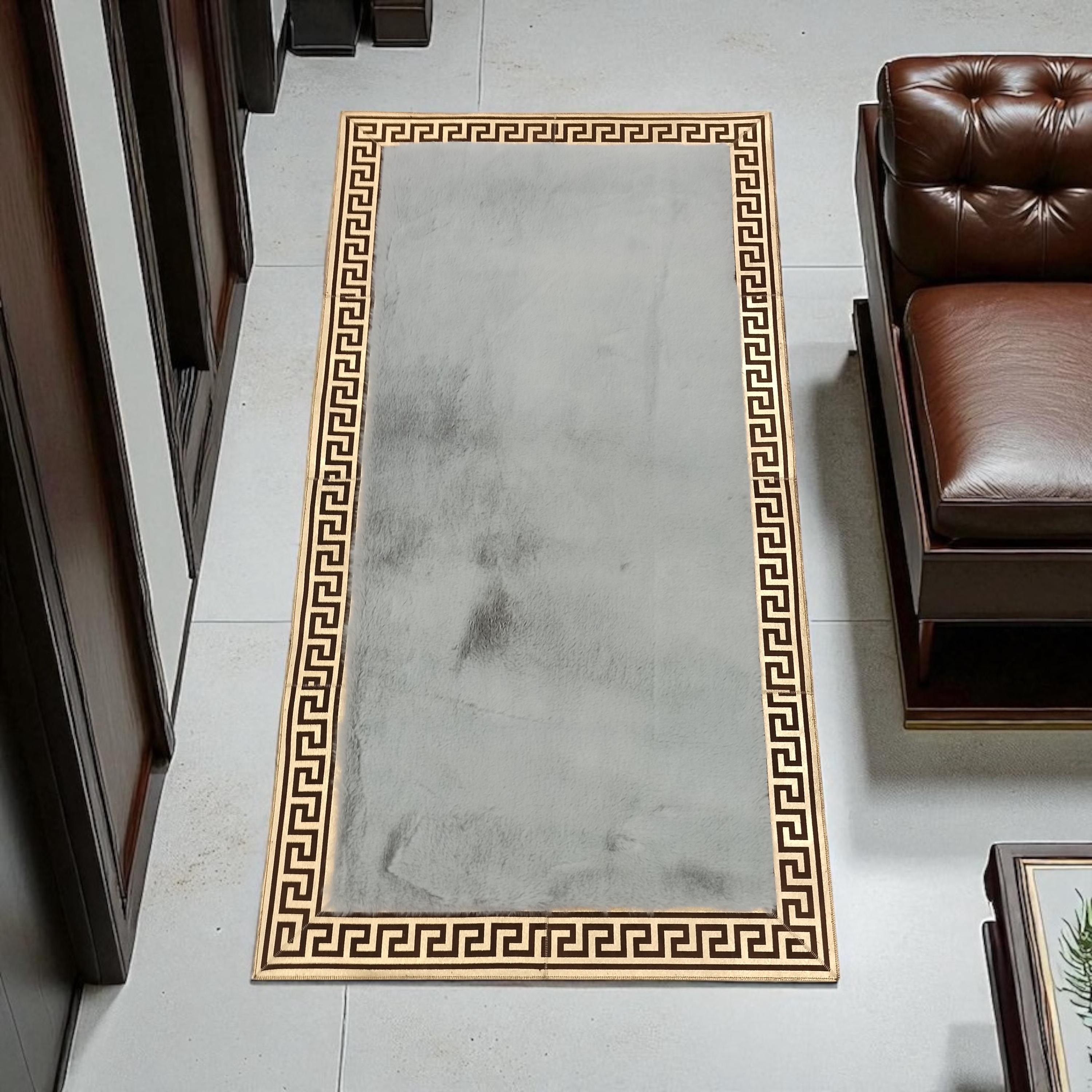 Light Gray Faux Fur Rug with Greek Key Border