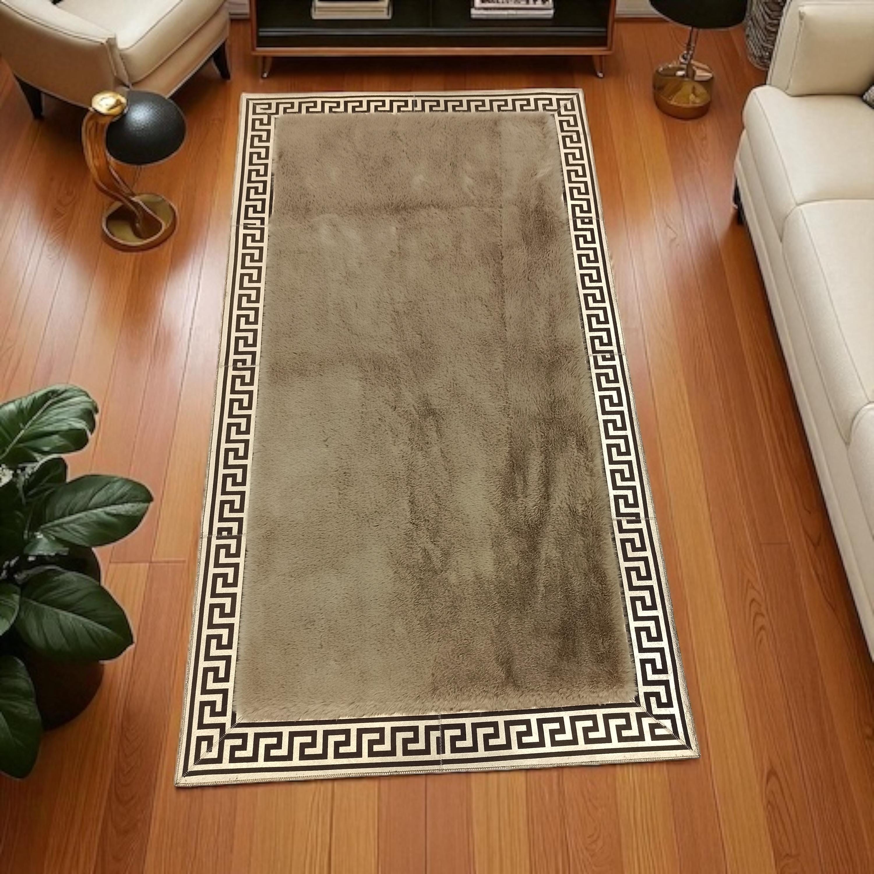 Brown Faux Fur Rug with Greek Border