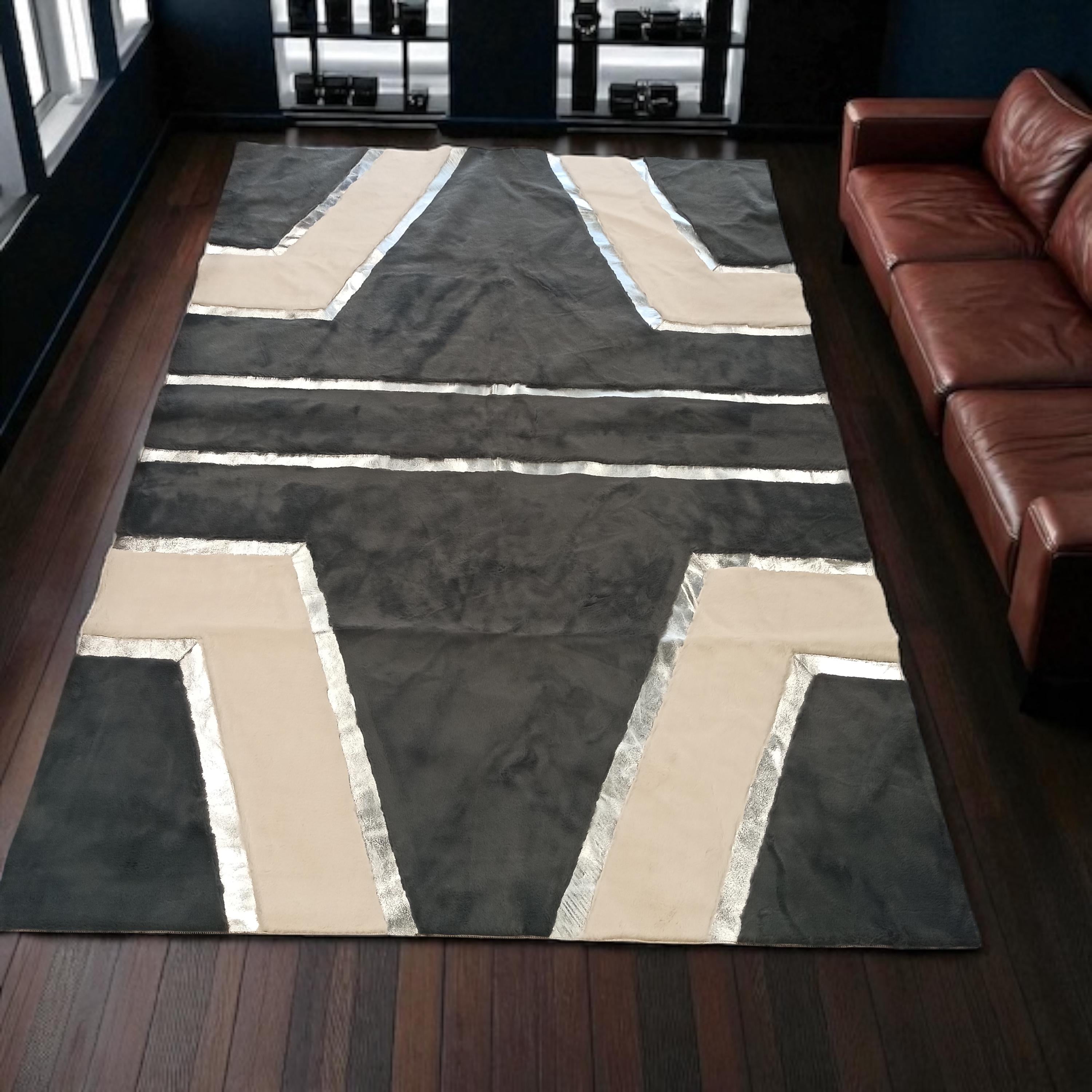 Black Silver Geometric Plush Area Rug, Modern Living Room Carpet