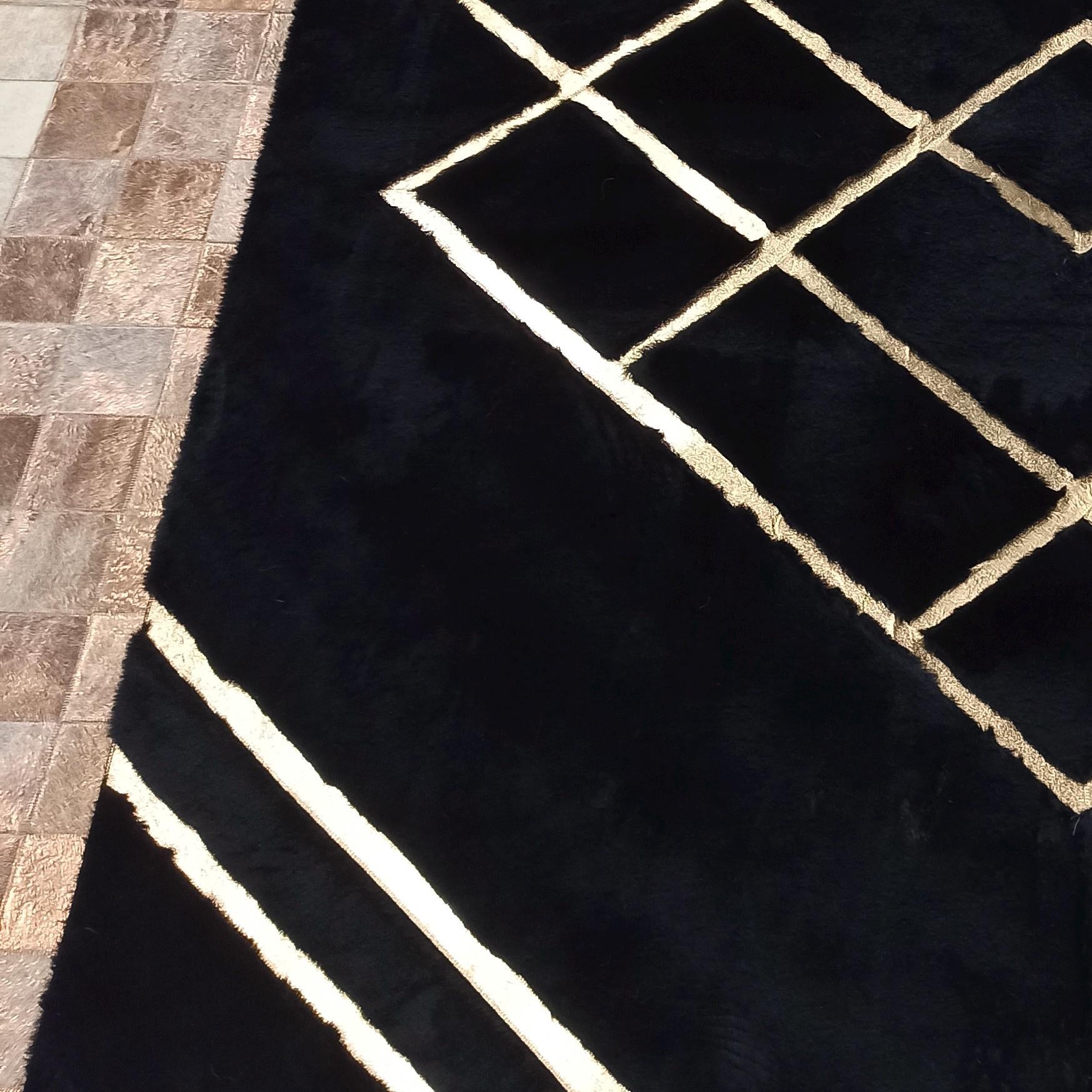 Black Gold Geometric Plush Rug, Modern Living Room Carpet