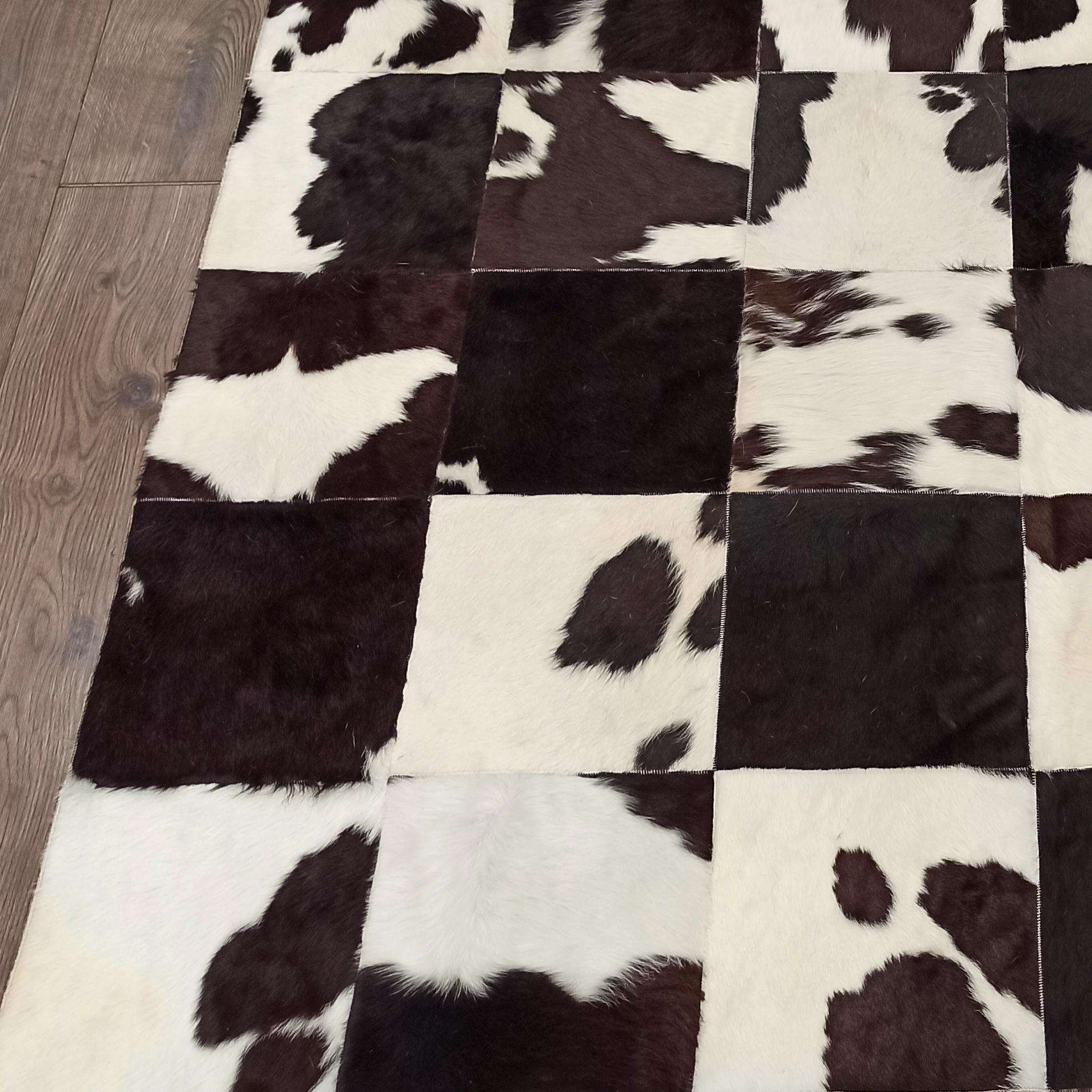 Black and White Cowhide Patchwork Rug, Real Leather Area Rug, Handmade Brazilian Cowhide Carpet, Custom Size Entryway Rug, Rustic Decor