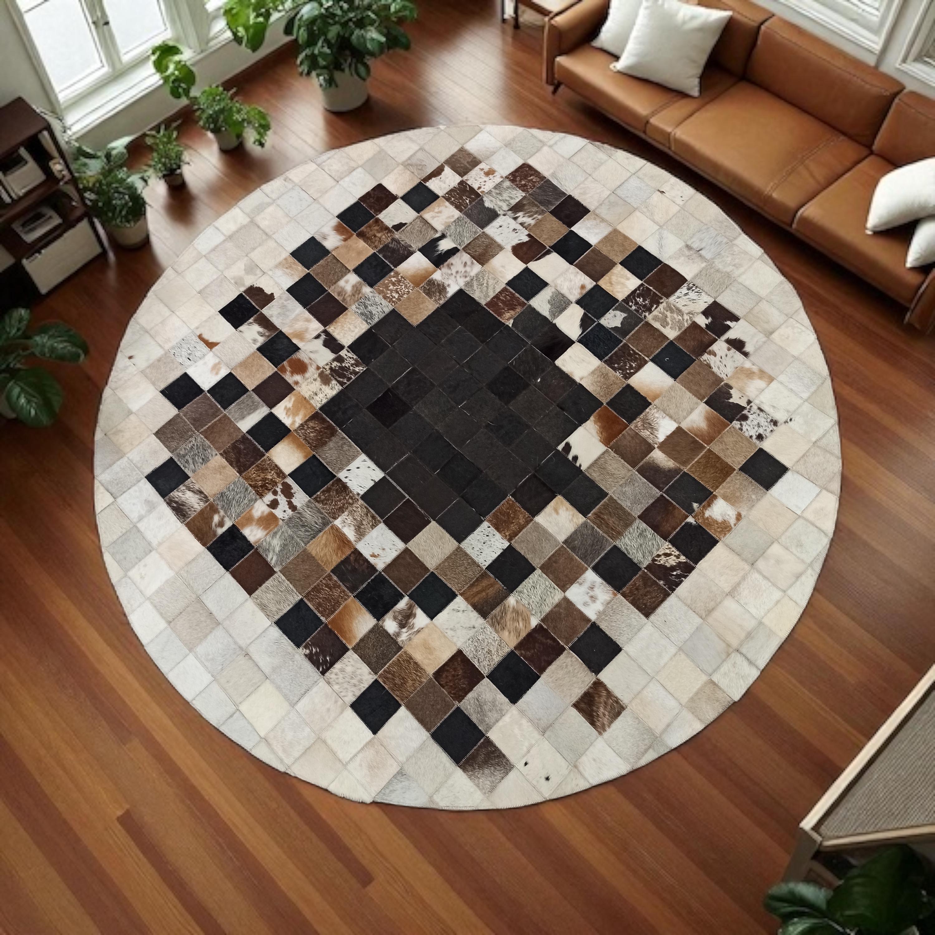 Brown Ombre Round Cowhide Rug, Custom Circle Leather Patchwork Carpet, Natural Brown and Black Cow Hide, Boho Rustic Living Room Area Rug