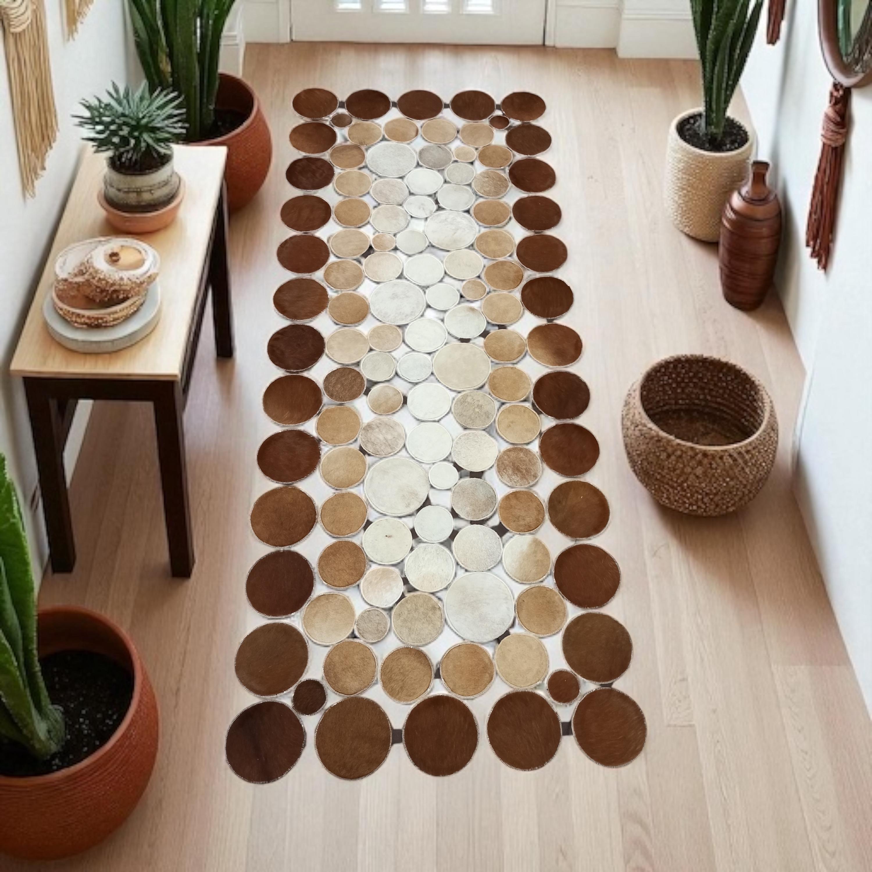 Polka Dot Patchwork Cowhide Runner Rug, Real Cowhide Leather Carpet, Brown and White Circle Design, Hallway or Entryway Accent