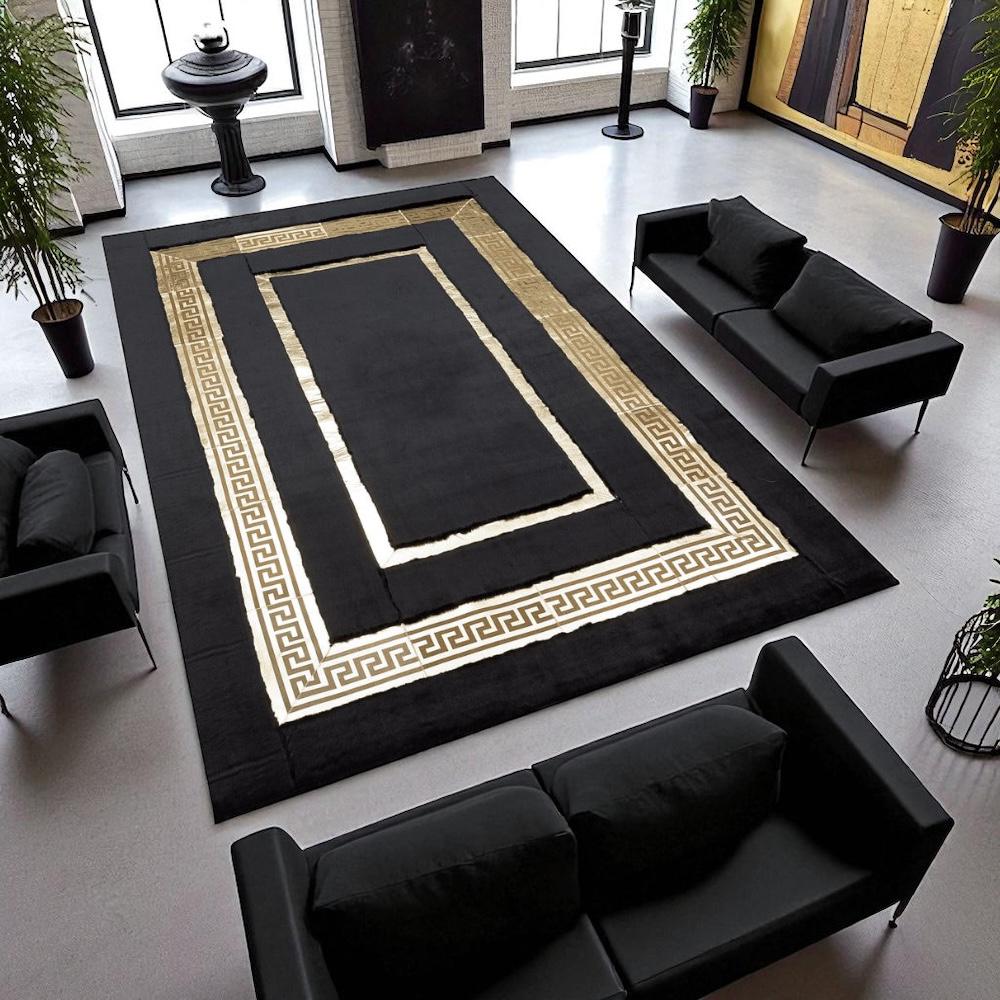 Modern Black Plush Rug with Gold Details – Soft Decorative Carpet for Living Room & Office