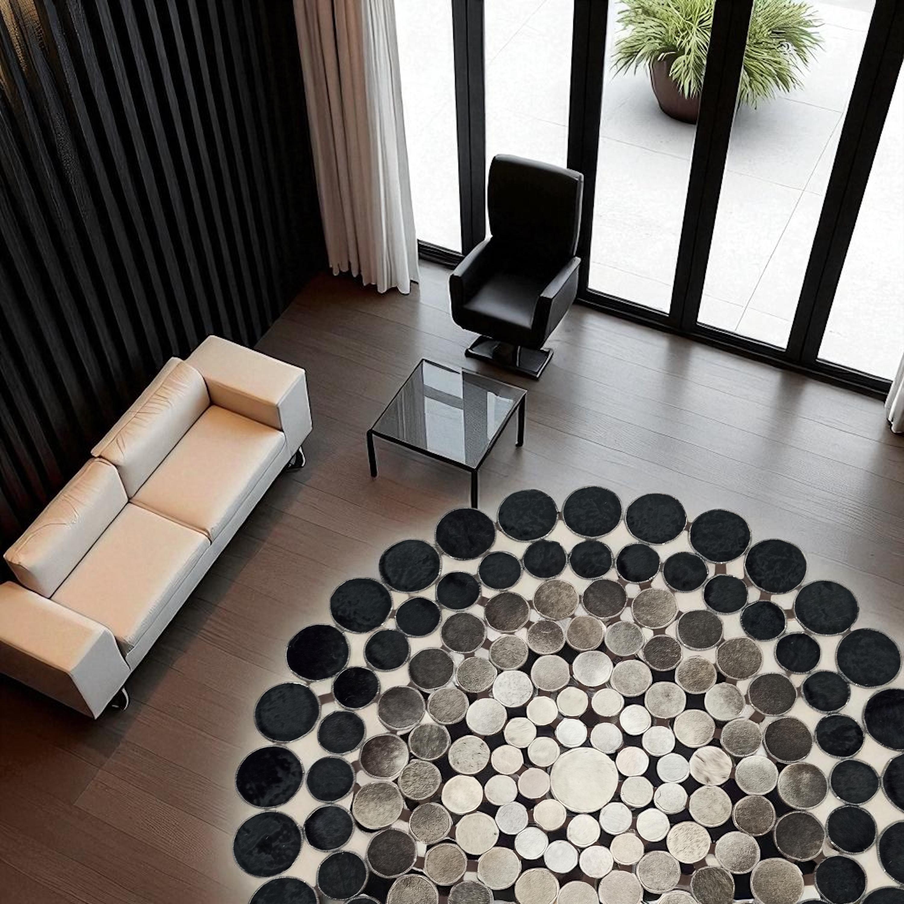 Black and Beige Polkadot Round Leather Rug, Custom Size Available