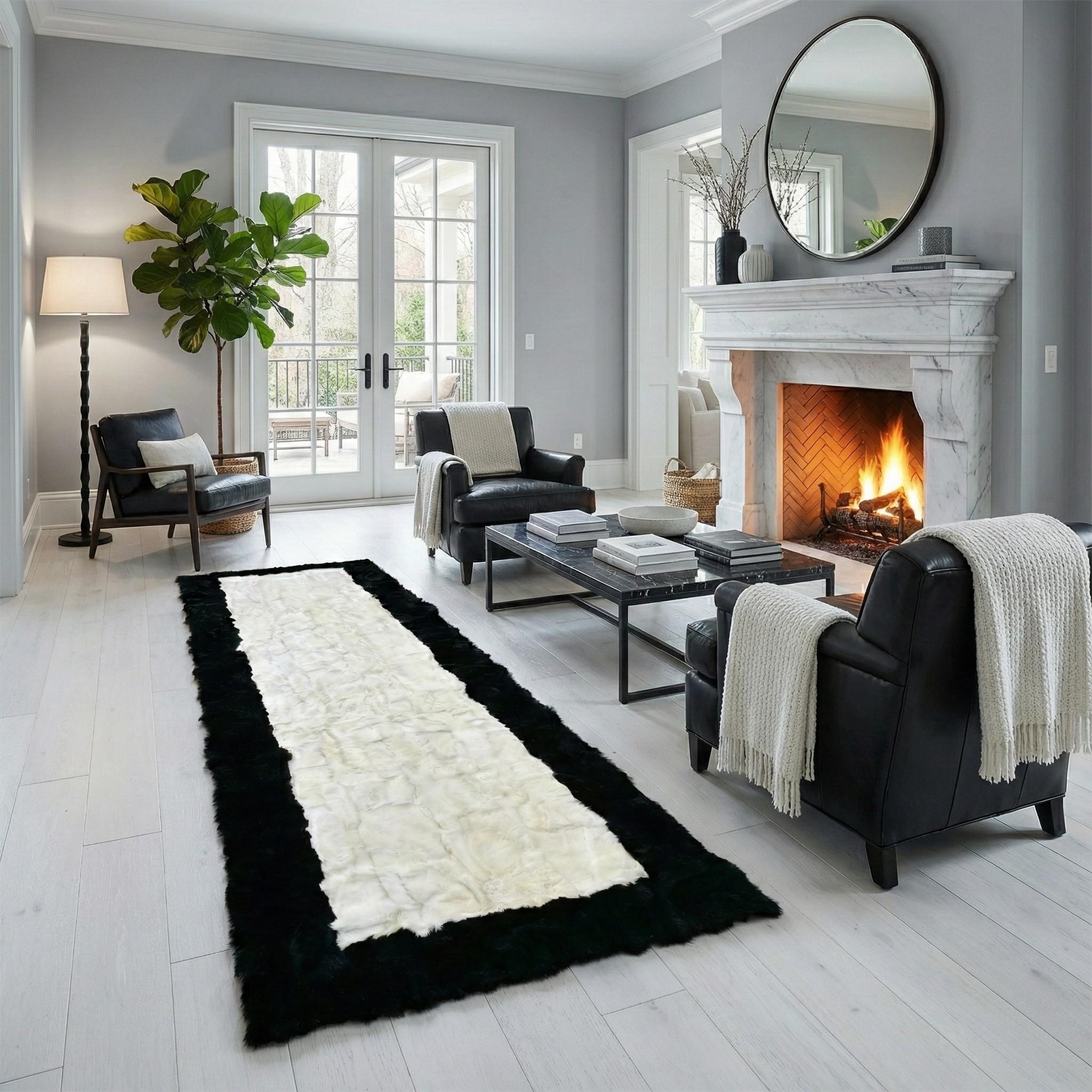Rex Rabbit Fur Rug, Black and White Border Carpet