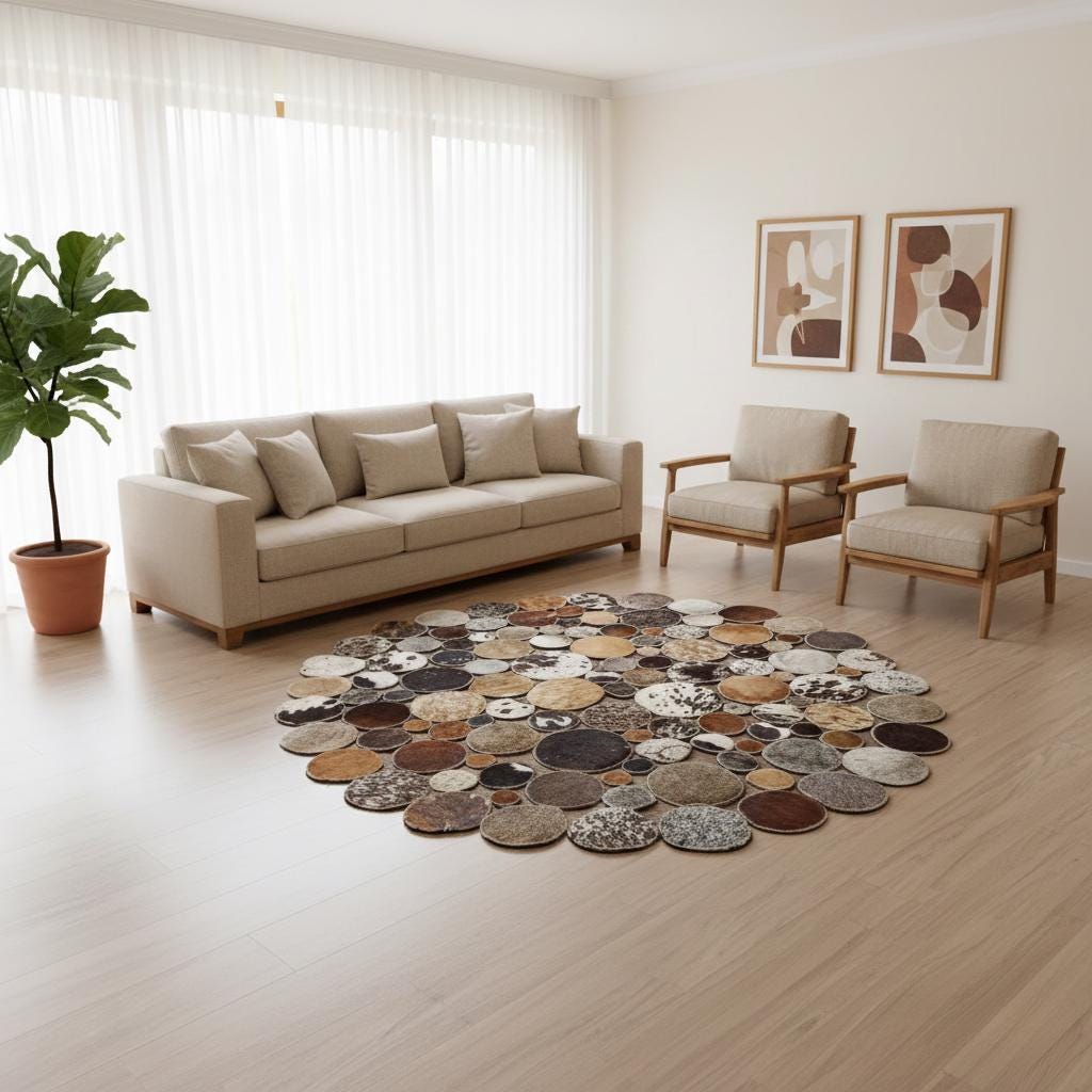 Round Cowhide Patchwork Rug, Multicolor, Brown, Gray, White Rug