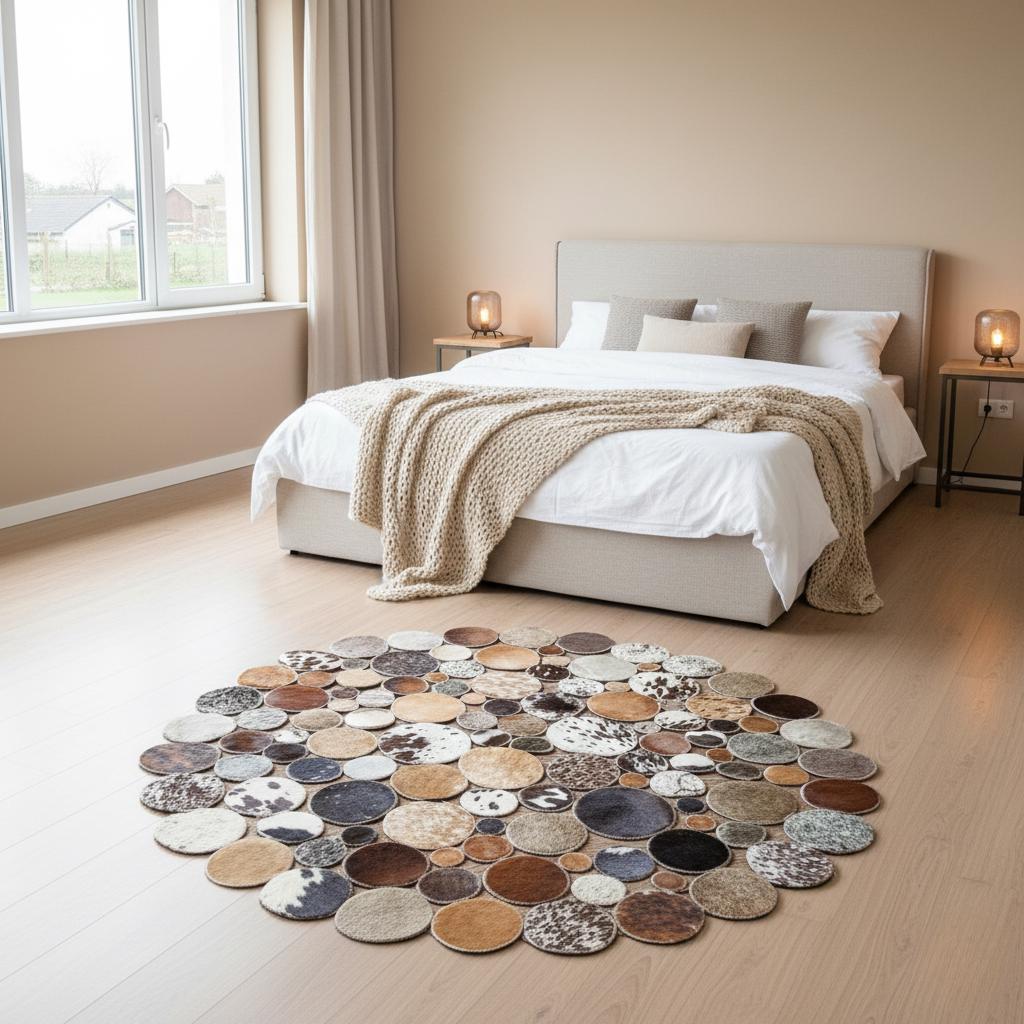 Round Cowhide Patchwork Rug, Multicolor, Brown, Gray, White Rug