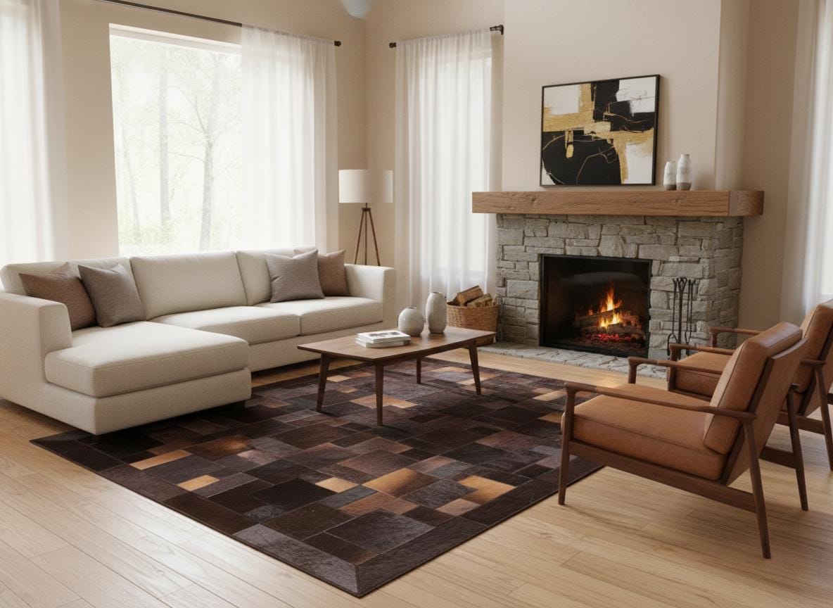 Patchwork Cowhide Rug, Geometric Hair on Hide Leather Area Rug