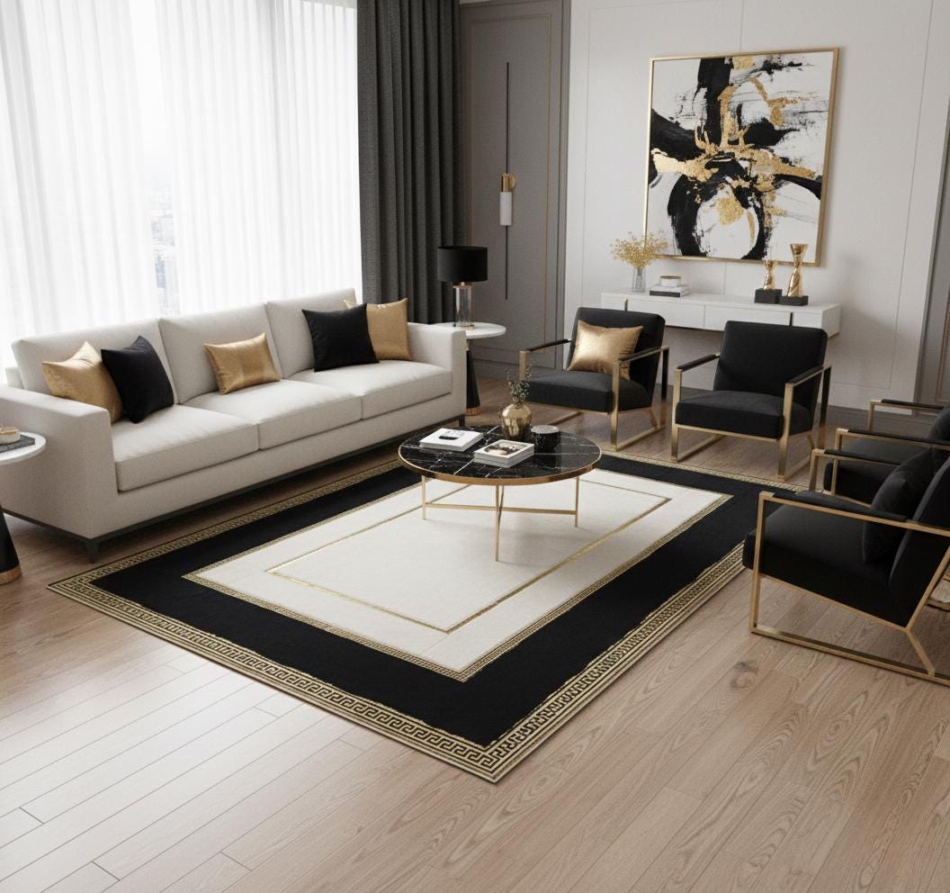 Black and White Plush Rug, Gold Line Modern Abstract Carpet