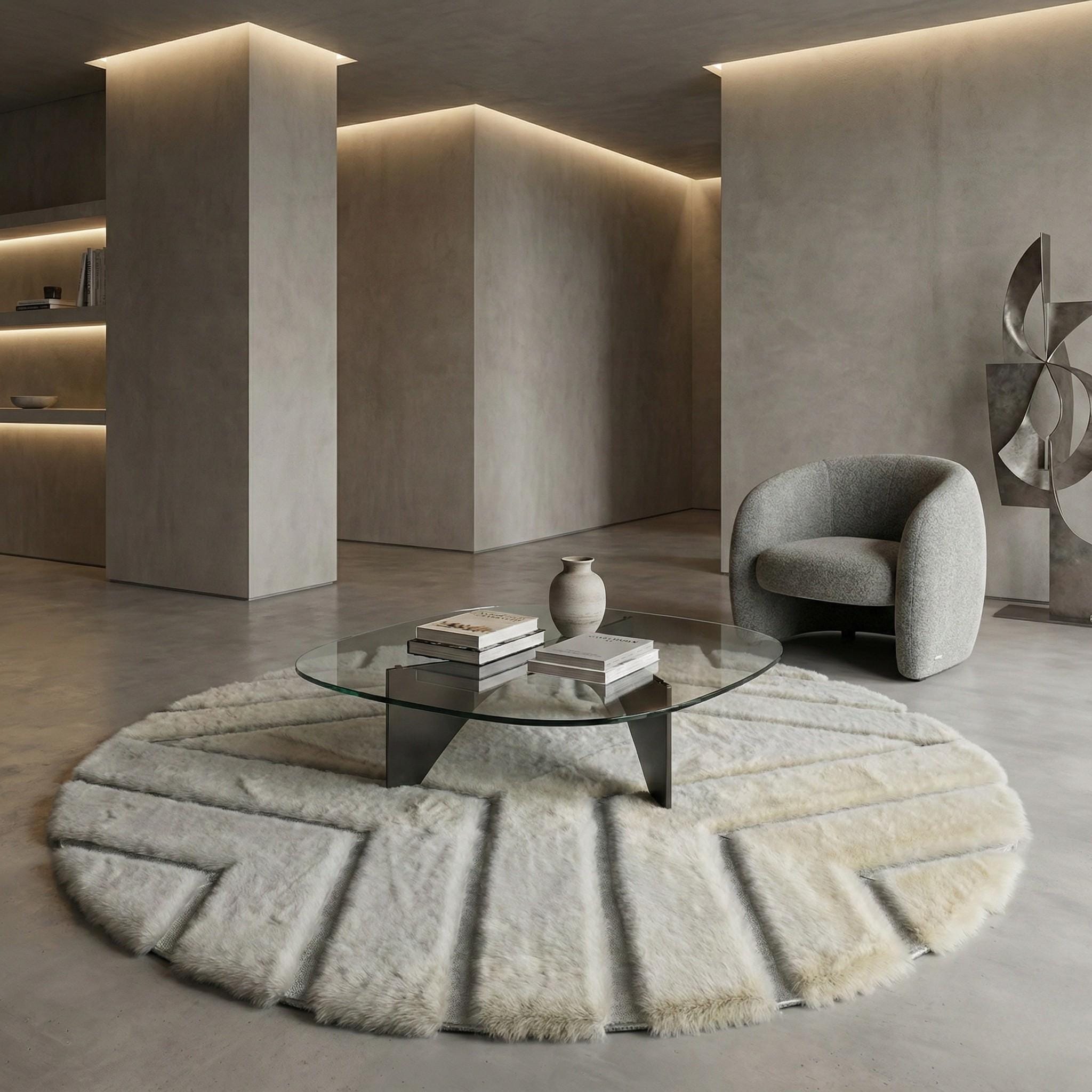 White Plush Round Rug, Textured Circle Area Rug, Geometric Carved Carpet,