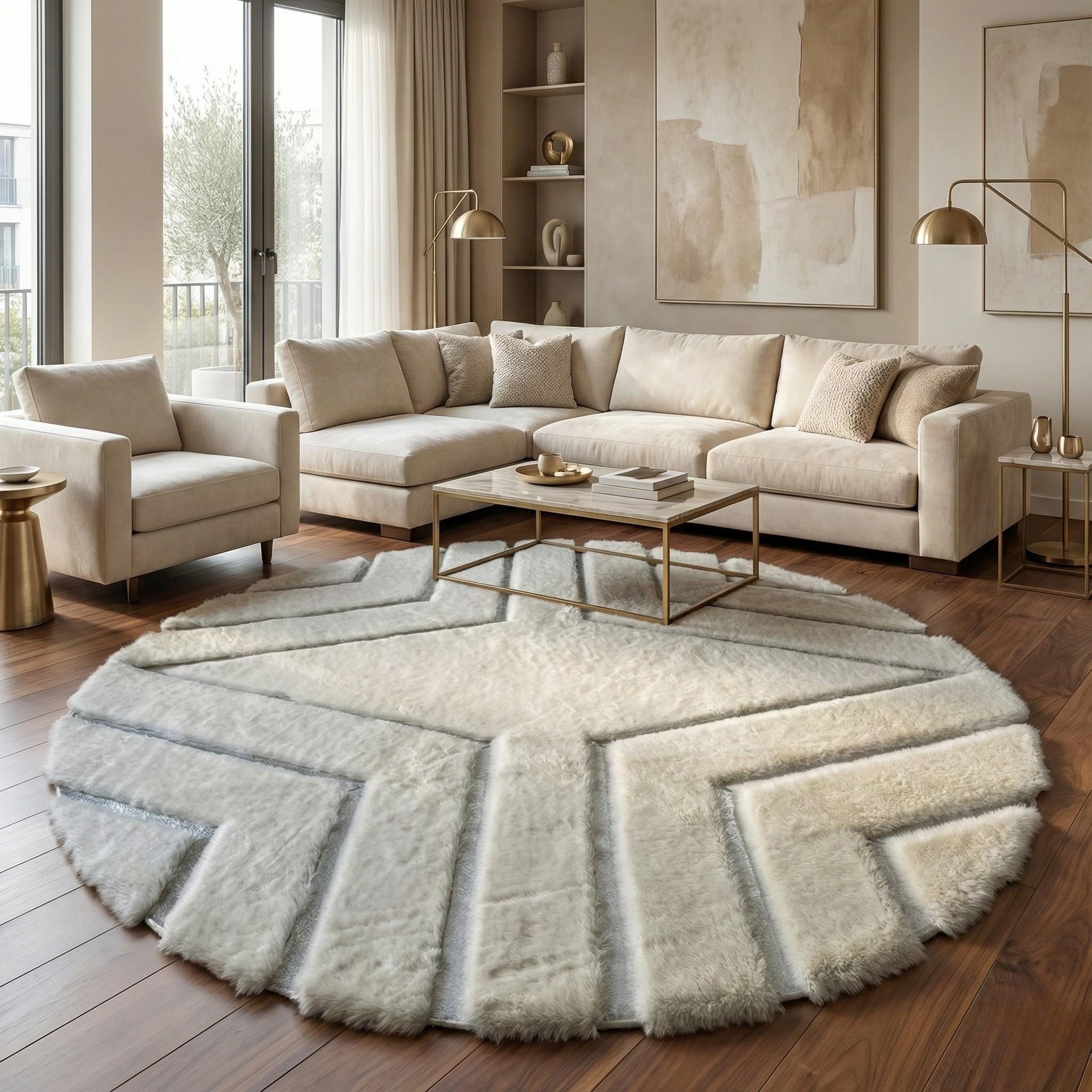 White Plush Round Rug, Textured Circle Area Rug, Geometric Carved Carpet,