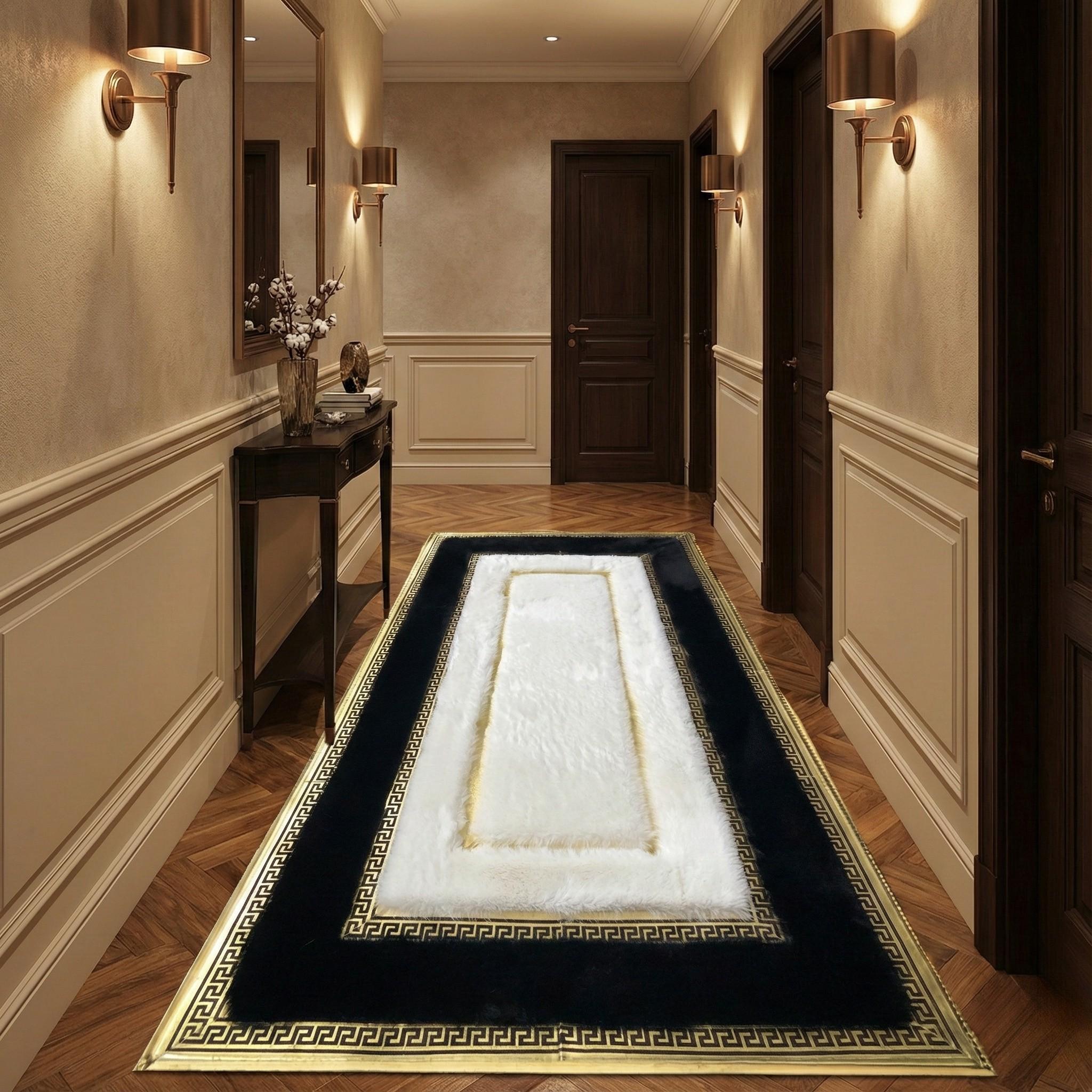 Black and White Plush Runner Rug, Gold Geometric Hallway Carpet