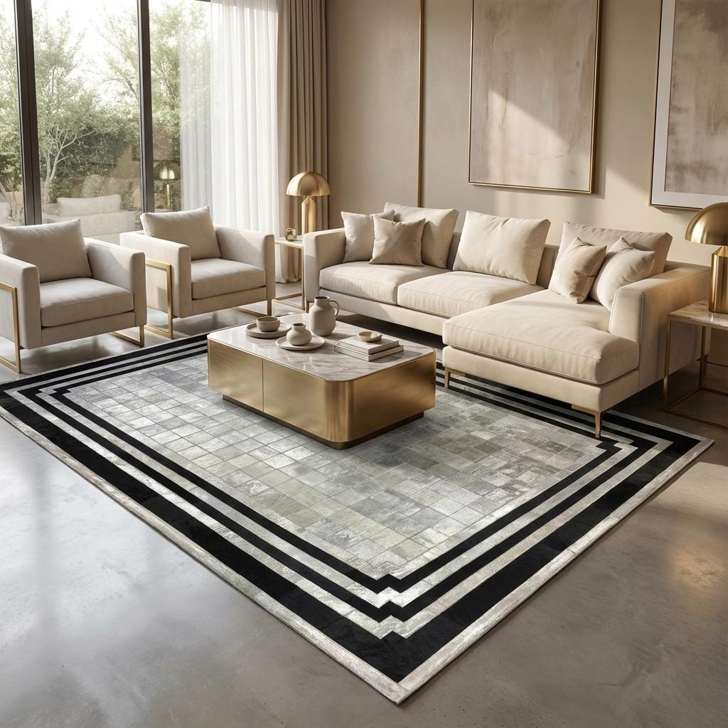 Grey Patchwork Cowhide Rug, Geometric Black Border, Custom Size