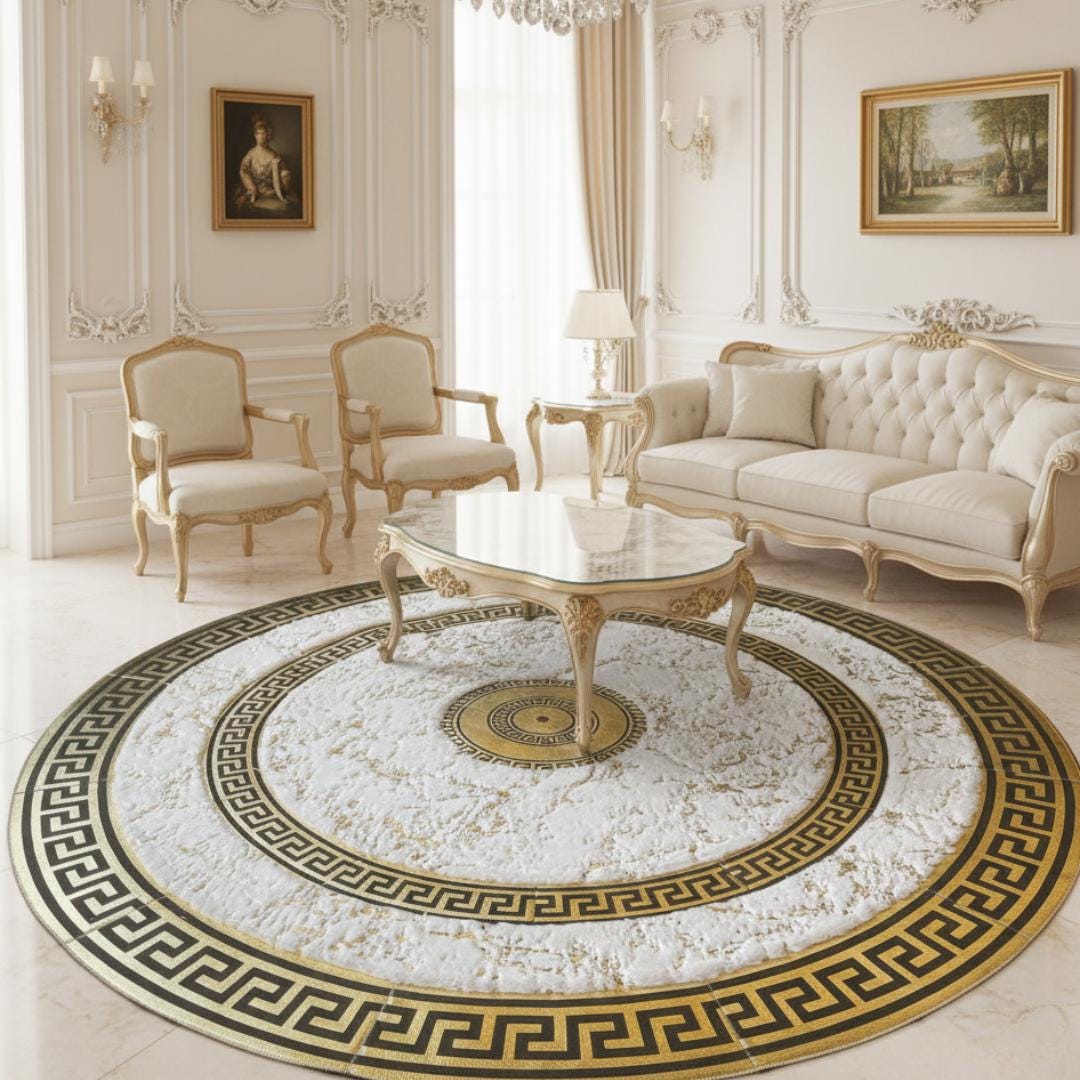 Round Faux Fur Rug, White and Gold Geometric Border, Plush Living Room Decor