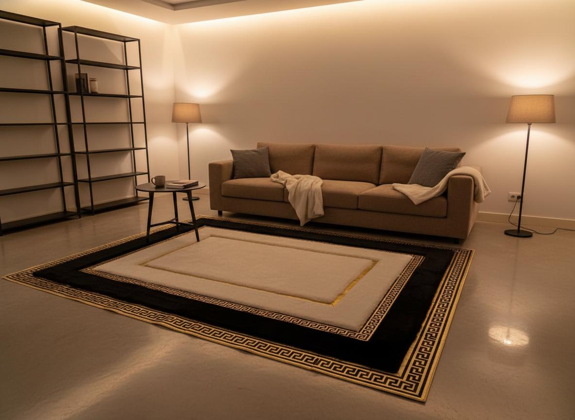 Plush Rug, White, Black, and Gold Geometric Carpet,