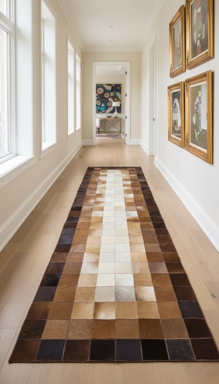 Brown Cowhide Runner Rug, Patchwork Hallway Runner, Brown and White Leather Carpet