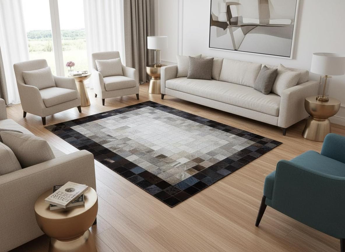 Black Cowhide Patchwork Rug, Geometric Border, Hair-On-Hide