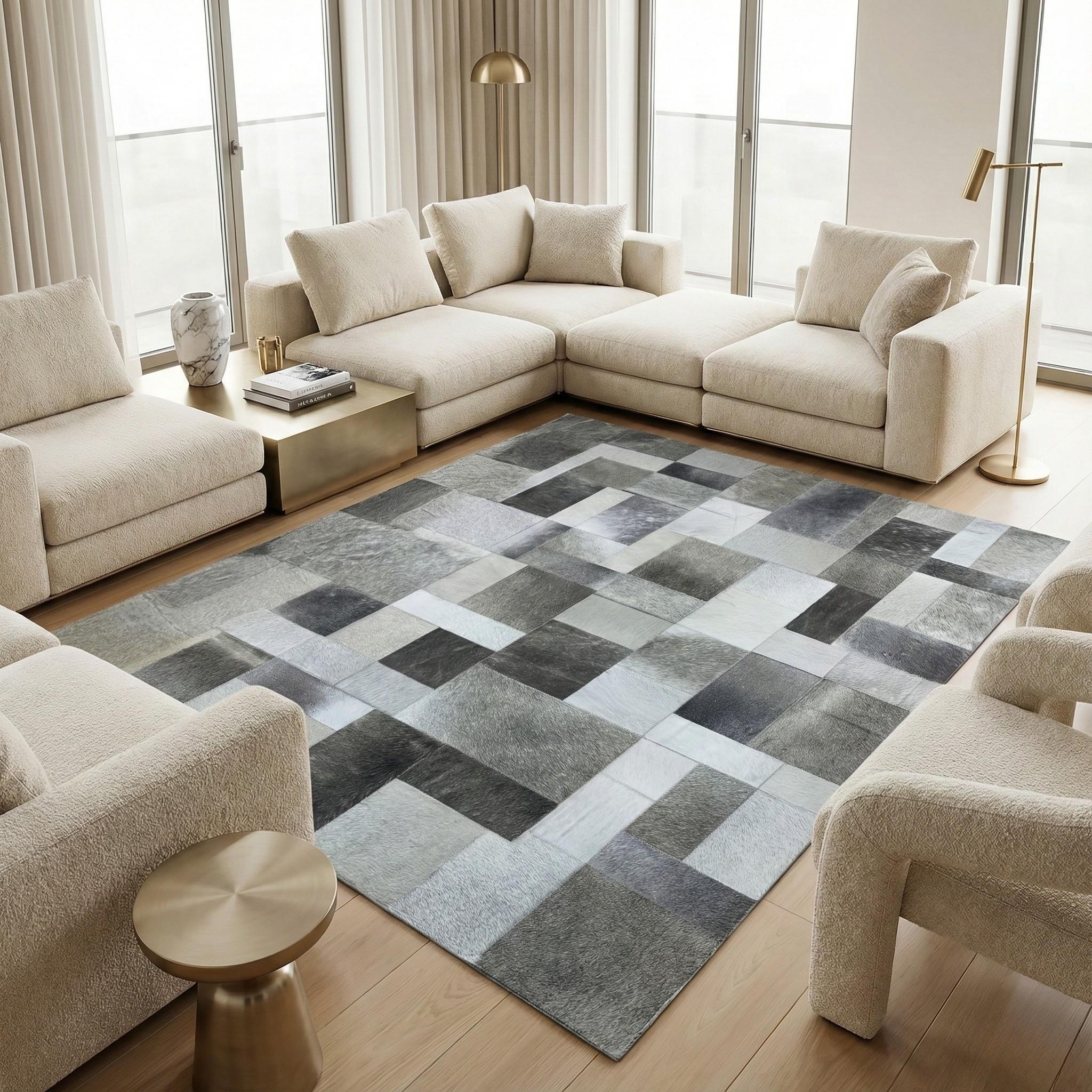 Gradient Patchwork Cowhide Rug, Modern Leather Area Rug, Custom Size