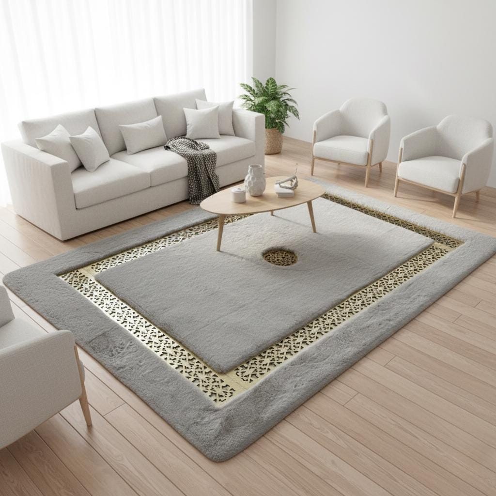 Luxury Gray Faux Fur Rug, Gold Geometric Border,