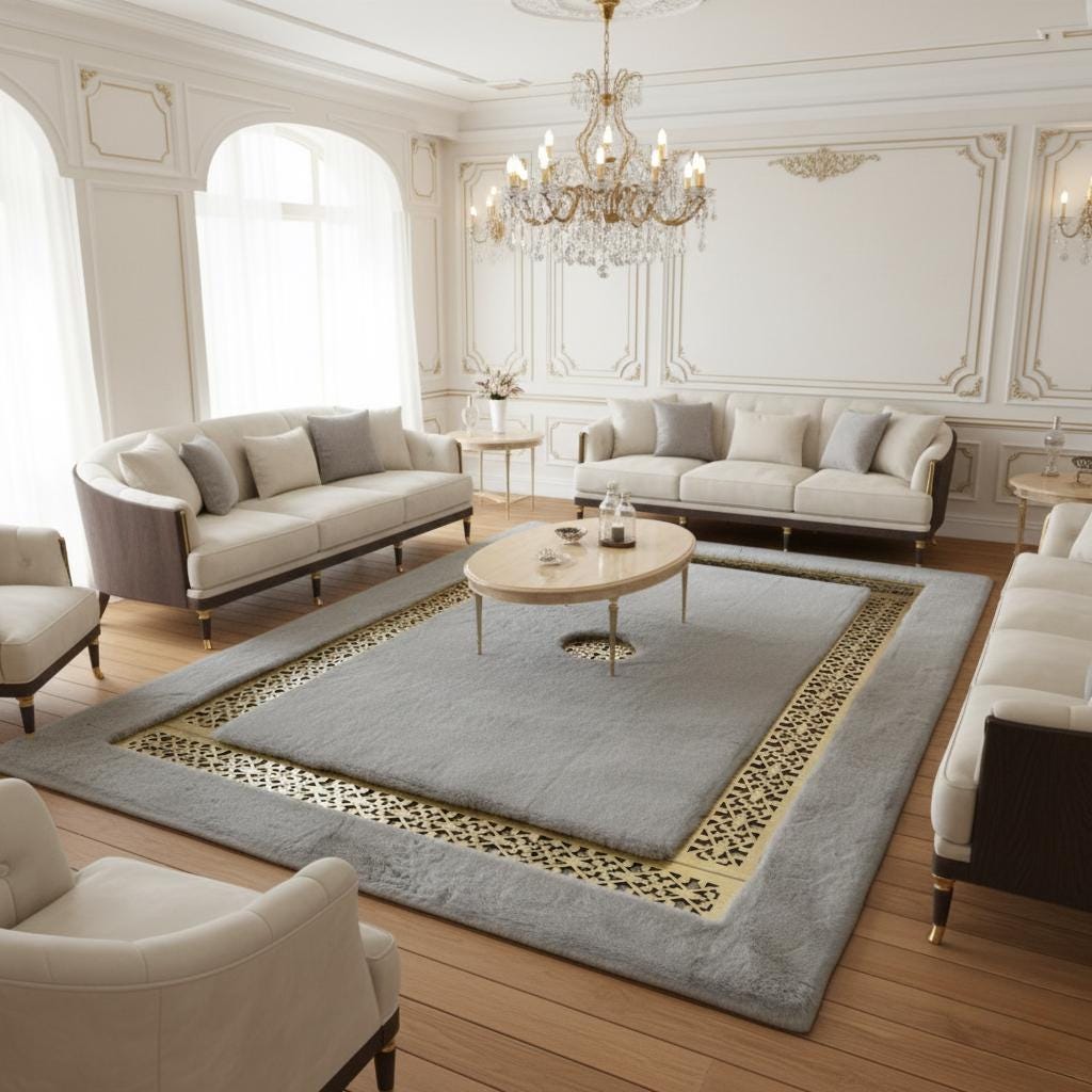 Luxury Gray Faux Fur Rug, Gold Geometric Border,