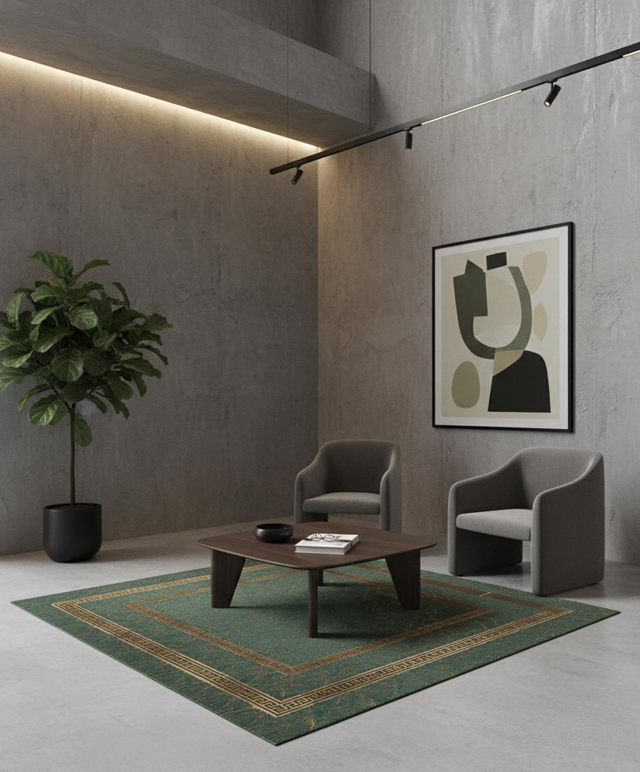 Emerald Green Faux Fur Rug, Gold Geometric Border, Plush Carpet Area Rug