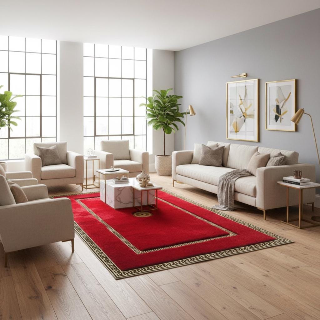 Red Plush Rug, Gold Border Area Rug, Luxury Faux Fur Carpet, Soft Rug,