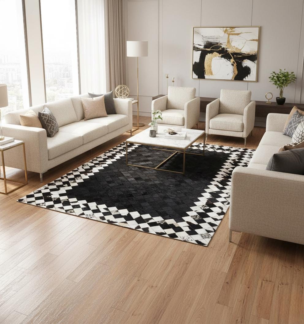 Black Cowhide Rug, Checkered Border Area Rug, Black and White Patchwork Carpet