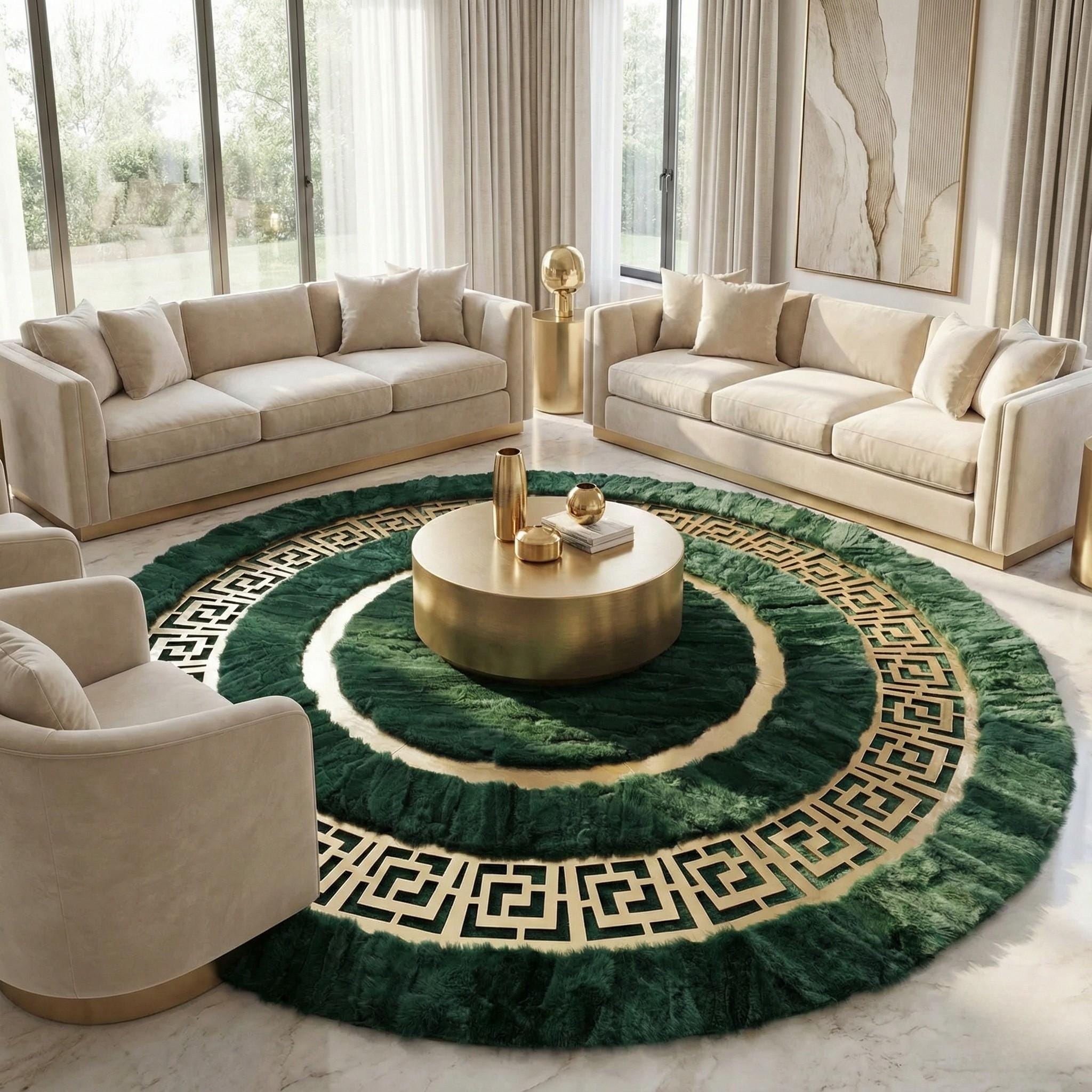 Round Rabbit Fur Rug, Green Fluffy Circle Mat, Ultra Soft Area Rug,