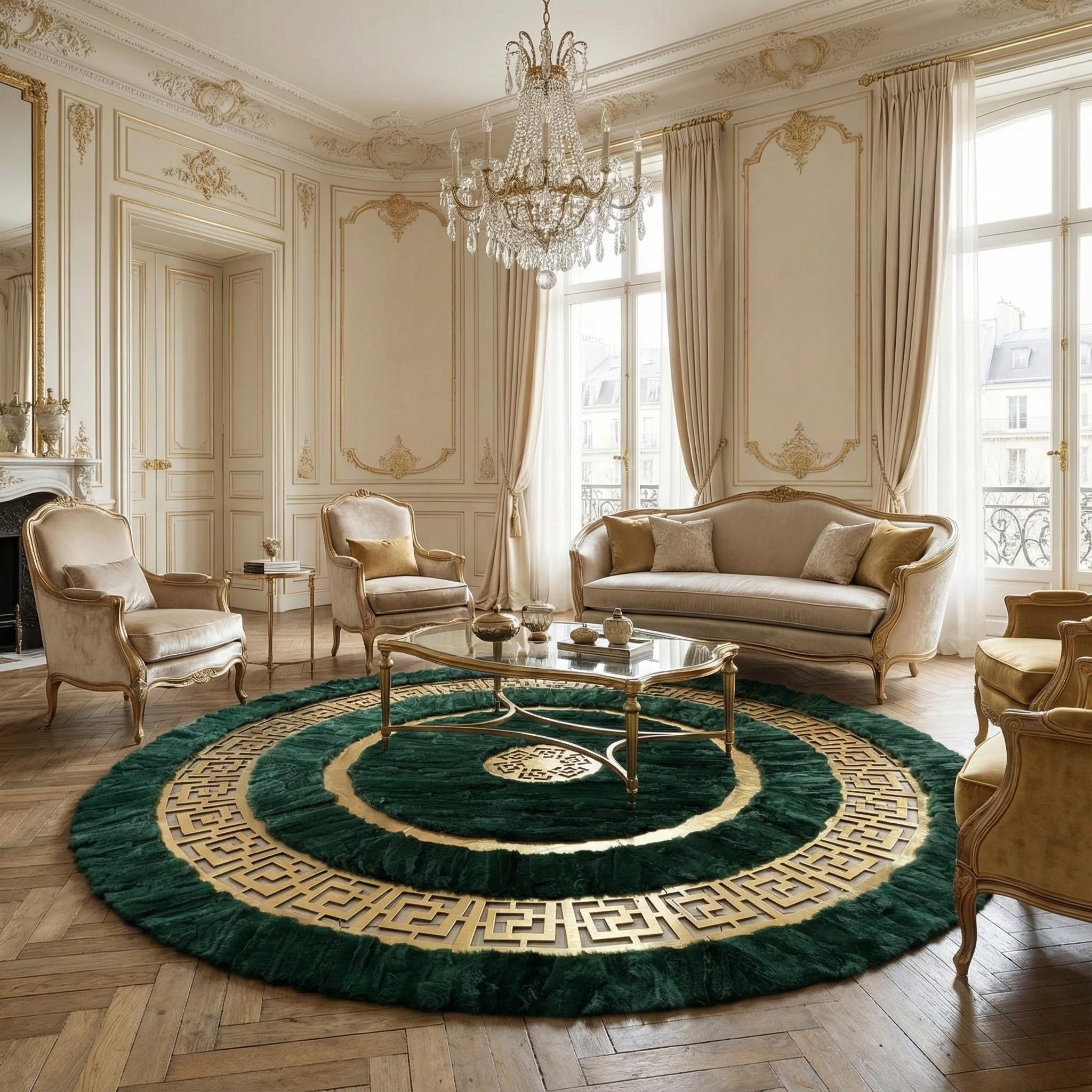 Round Rabbit Fur Rug, Green Fluffy Circle Mat, Ultra Soft Area Rug,