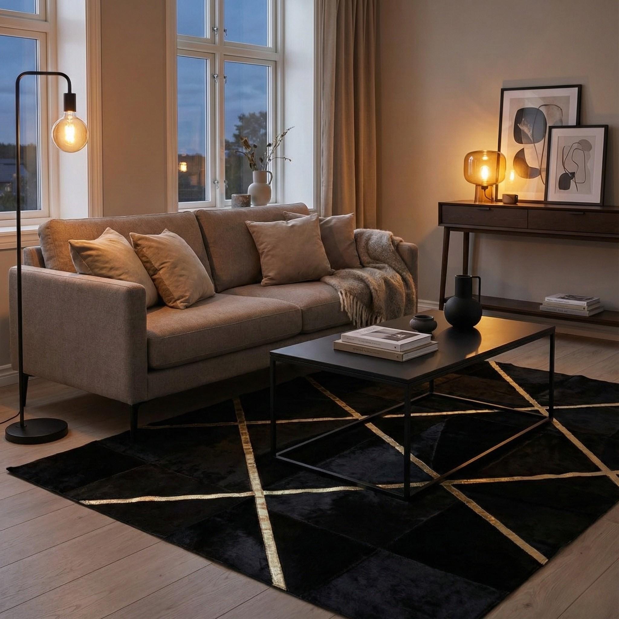 Black and Gold Plush Rug, Modern Geometric Line Area Rug, Luxury Plush Carpet,