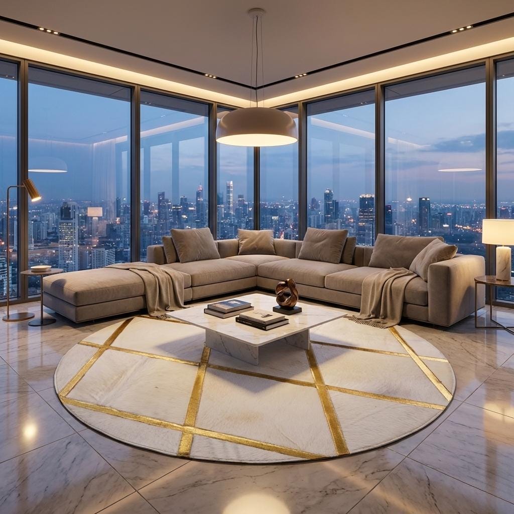 White and Gold Cowhide Round Rug