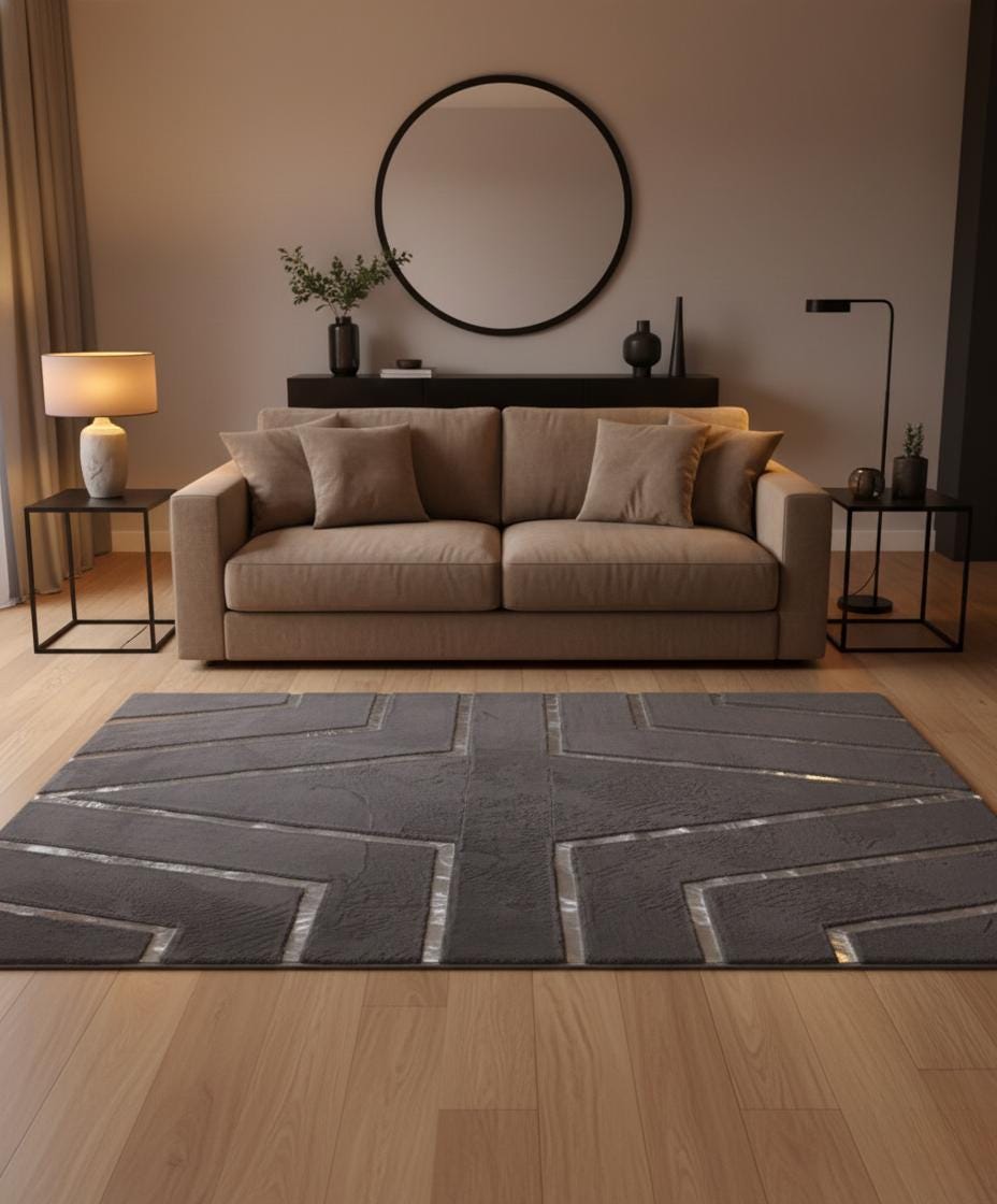 Gray and Silver Plush Rug, Modern Geometric Area Rug, Luxury Carpet,