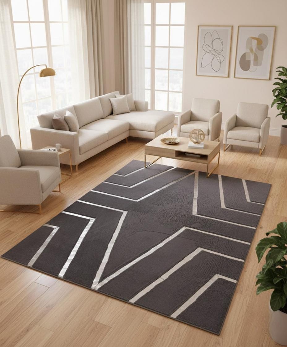 Gray and Silver Plush Rug, Modern Geometric Area Rug, Luxury Carpet,