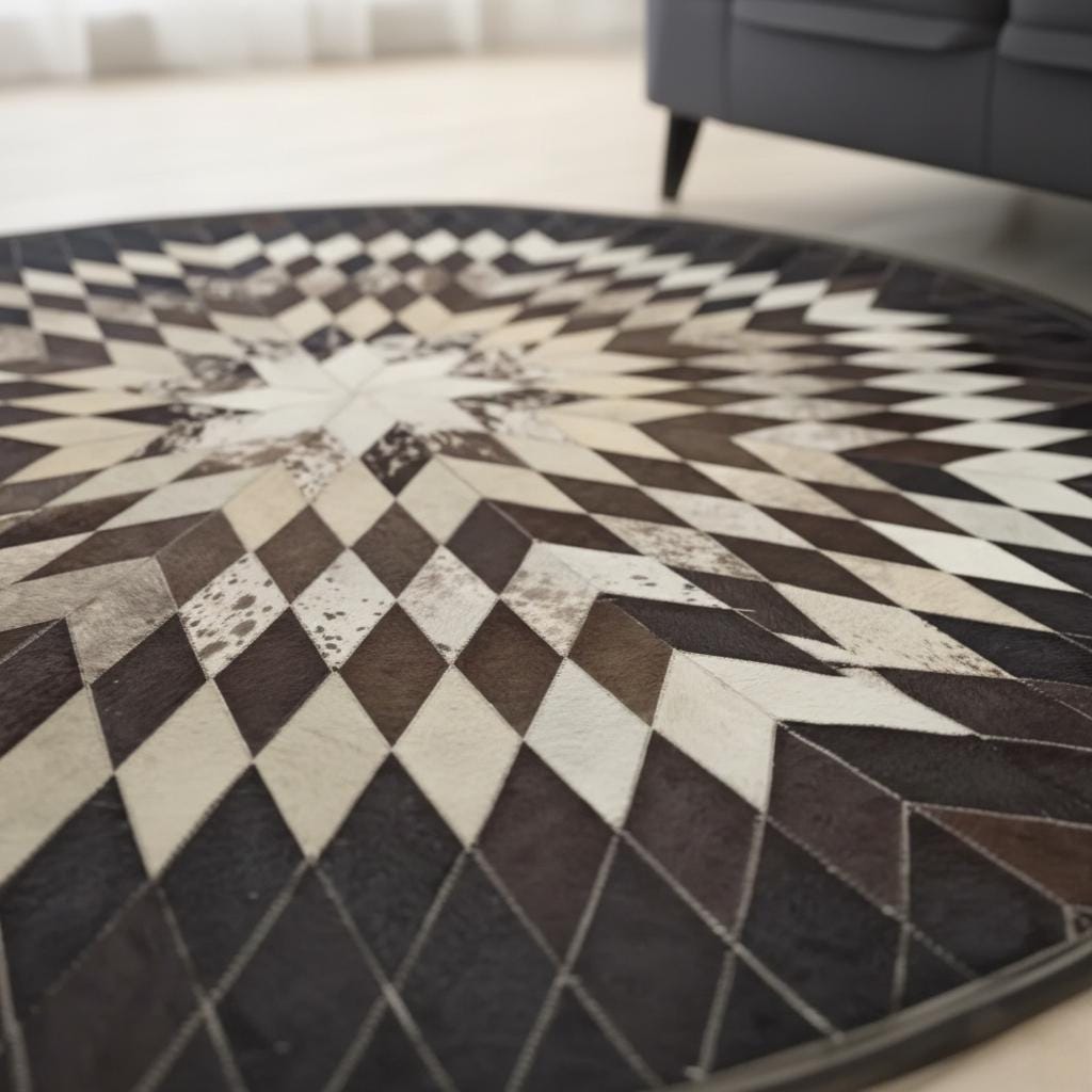 Round Black and Brown Cowhide Rug, Geometric Star Patchwork, Circle Rug,