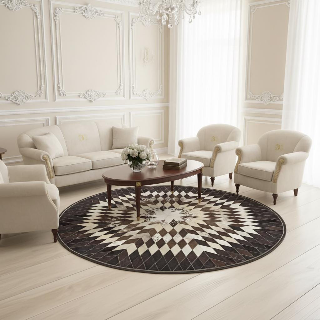 Round Black and Brown Cowhide Rug, Geometric Star Patchwork, Circle Rug,