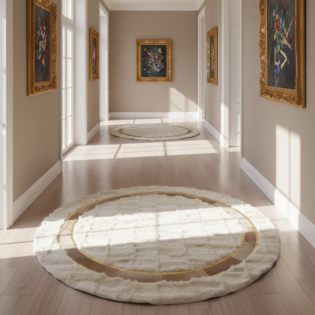 Round White and Gold Tuscan Rug, Geometric Patchwork Area Rug,