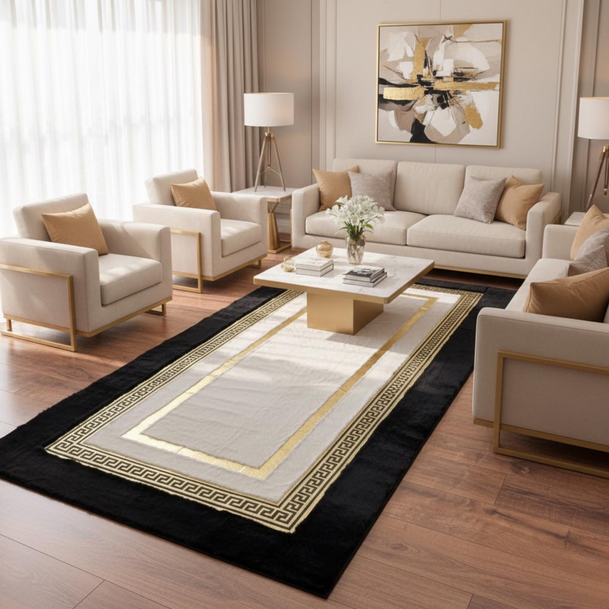 Black and White Plush Rug, Modern Geometric Area Rug,