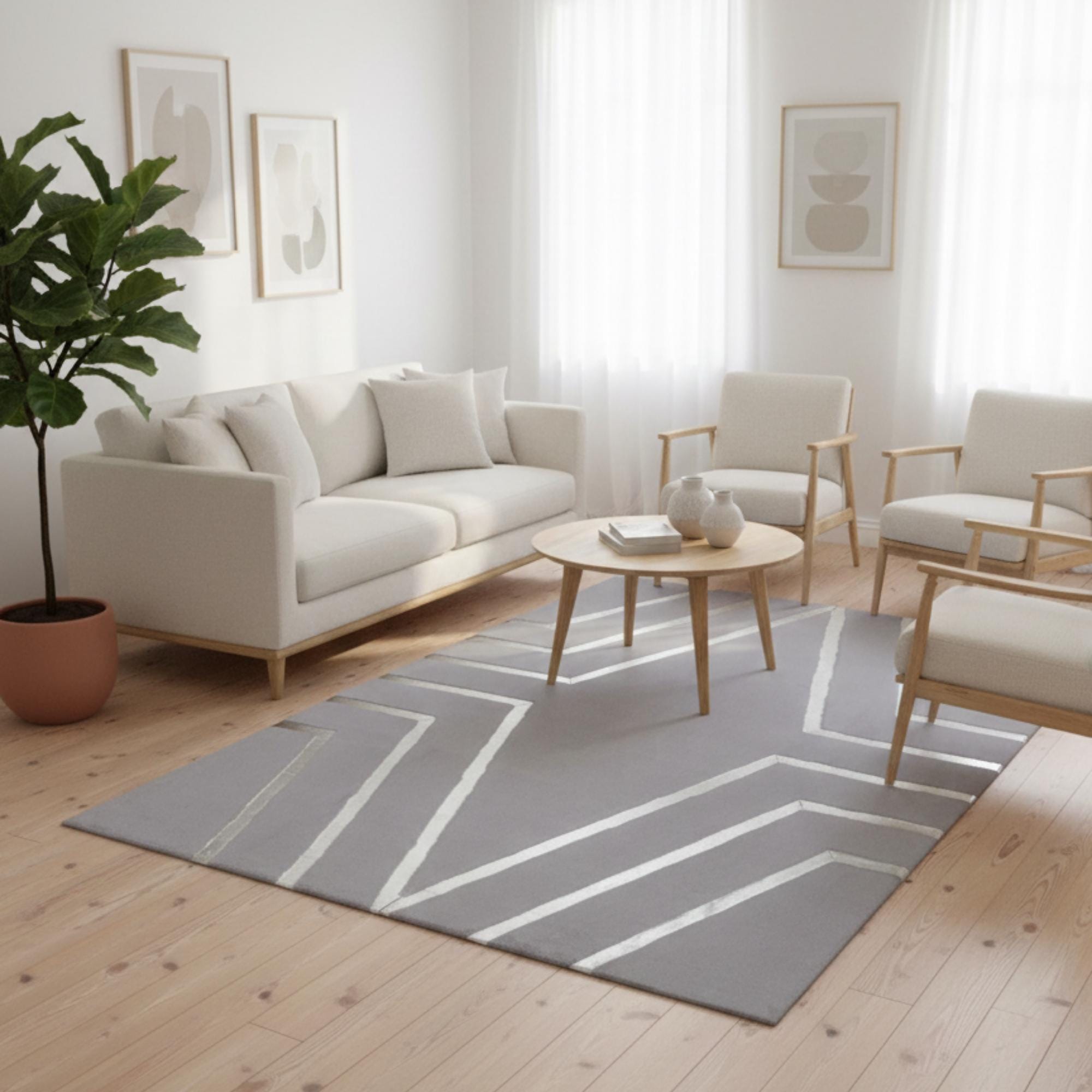 Gray and Silver Plush Rug, Modern Geometric Area Rug, Bedroom Carpet