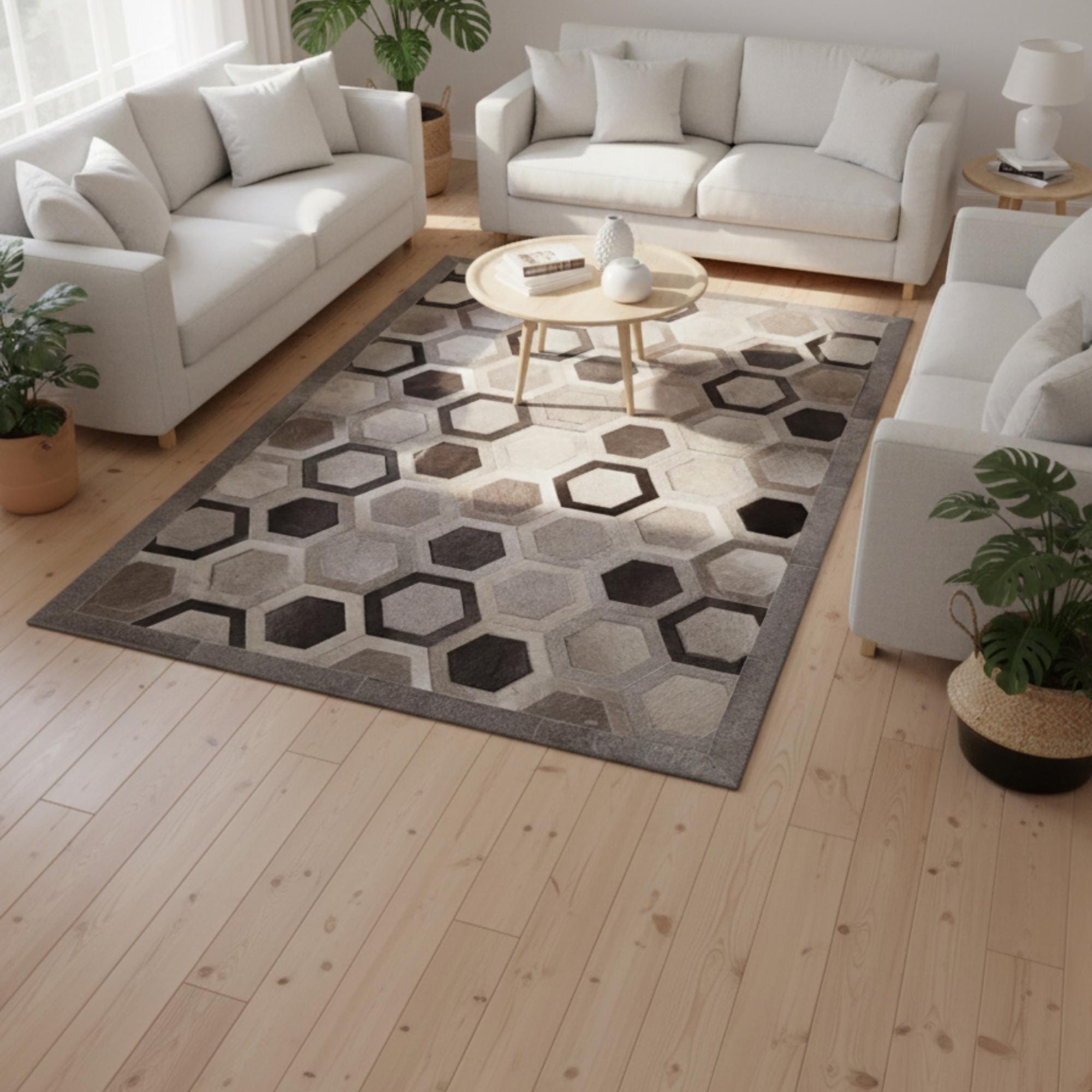 Gray and Brown Cowhide Rug, Geometric Hexagon Patchwork Area Rug