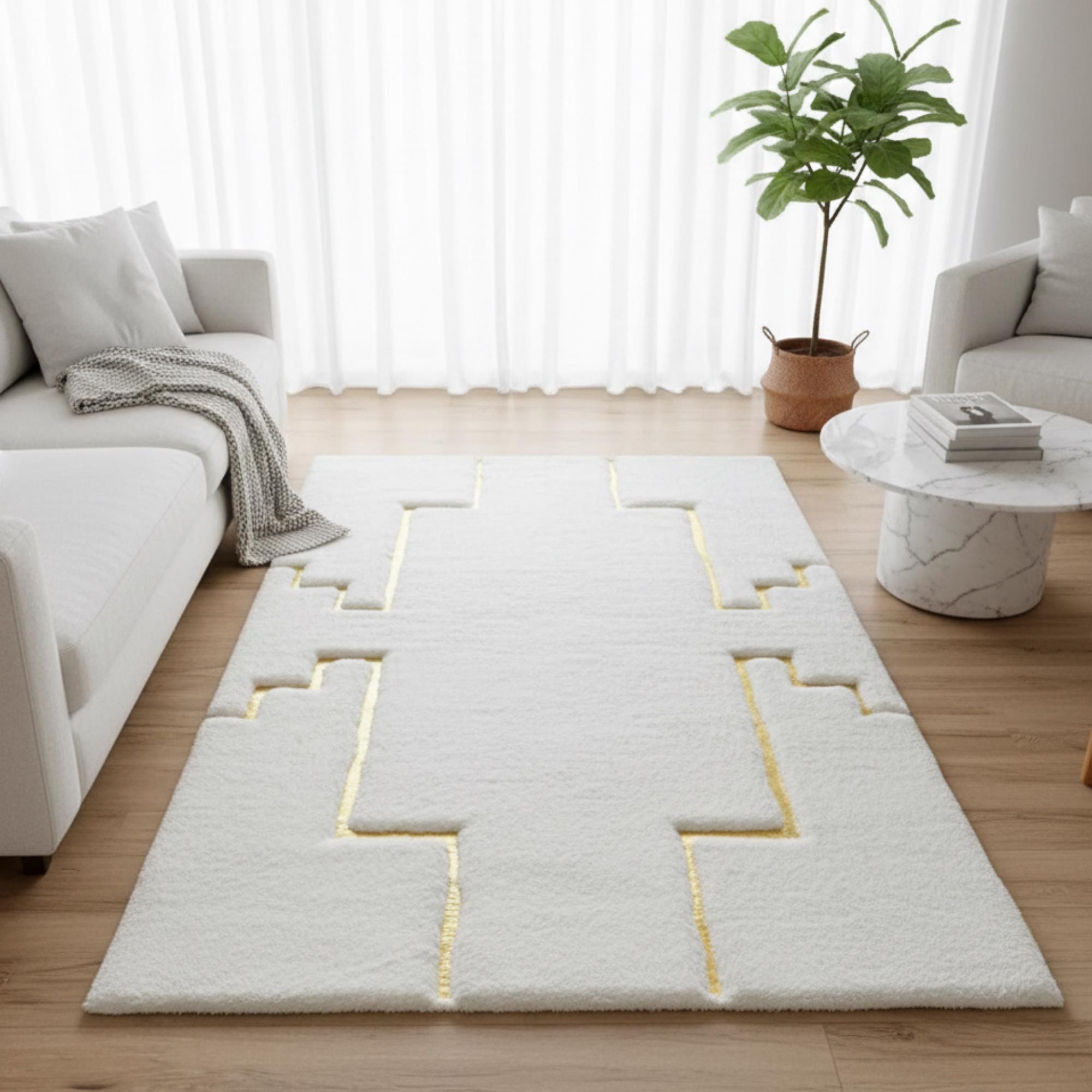 White and Gold Plush Rug, Modern Geometric Area Rug,
