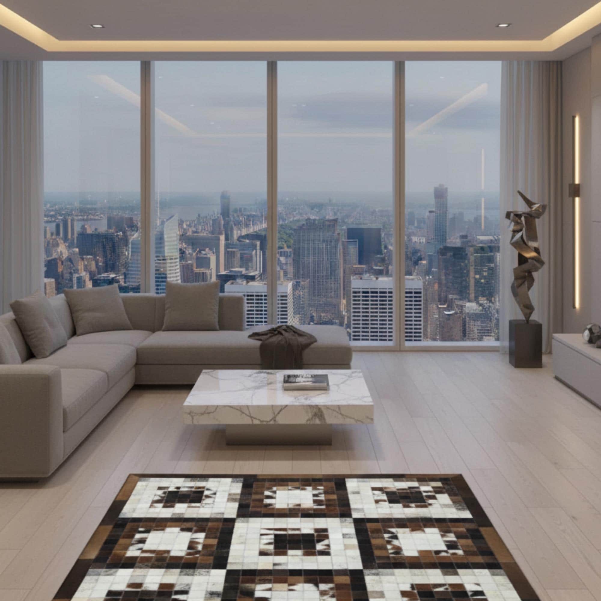 Brown and White Cowhide Rug, Geometric Patchwork Area Rug