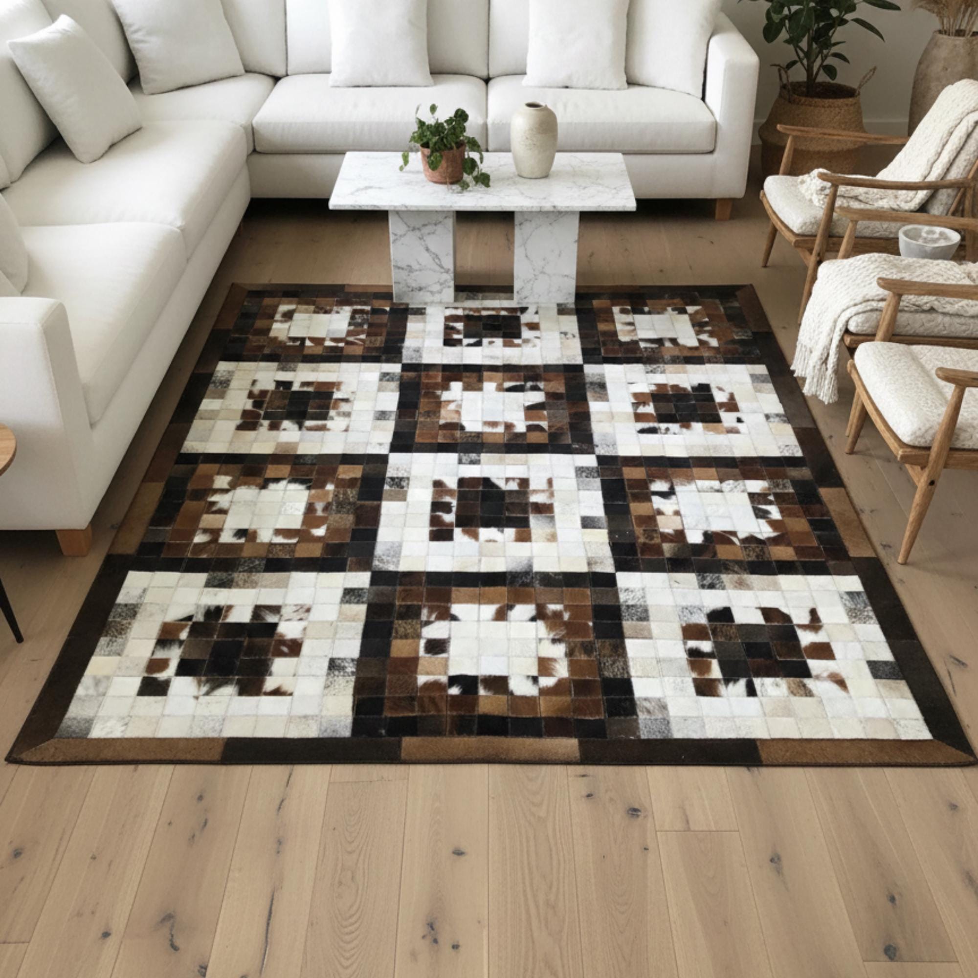 Brown and White Cowhide Rug, Geometric Patchwork Area Rug